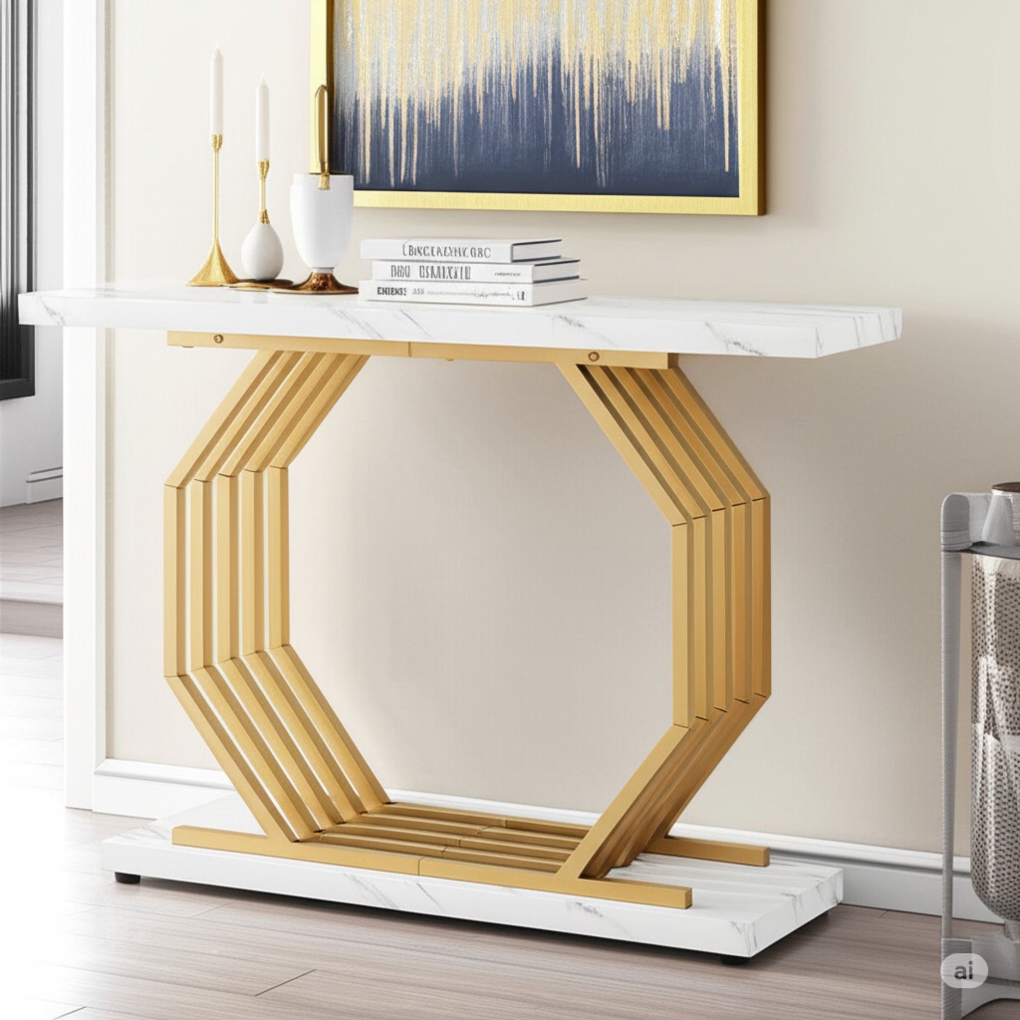 Accent Entryway Console Table With Geometric Bas For Living Hallway - White / Gold