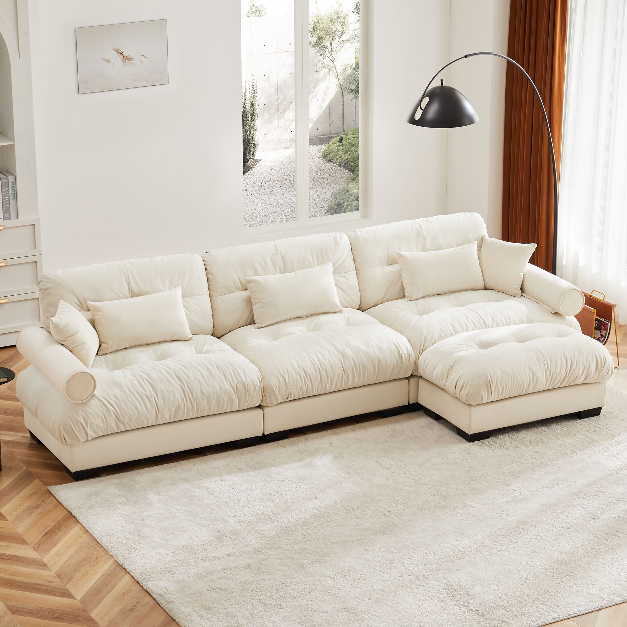 Modern Sectional Sofa With Ottoman, Round Bolster Armrests, Waist And Throw Pillows