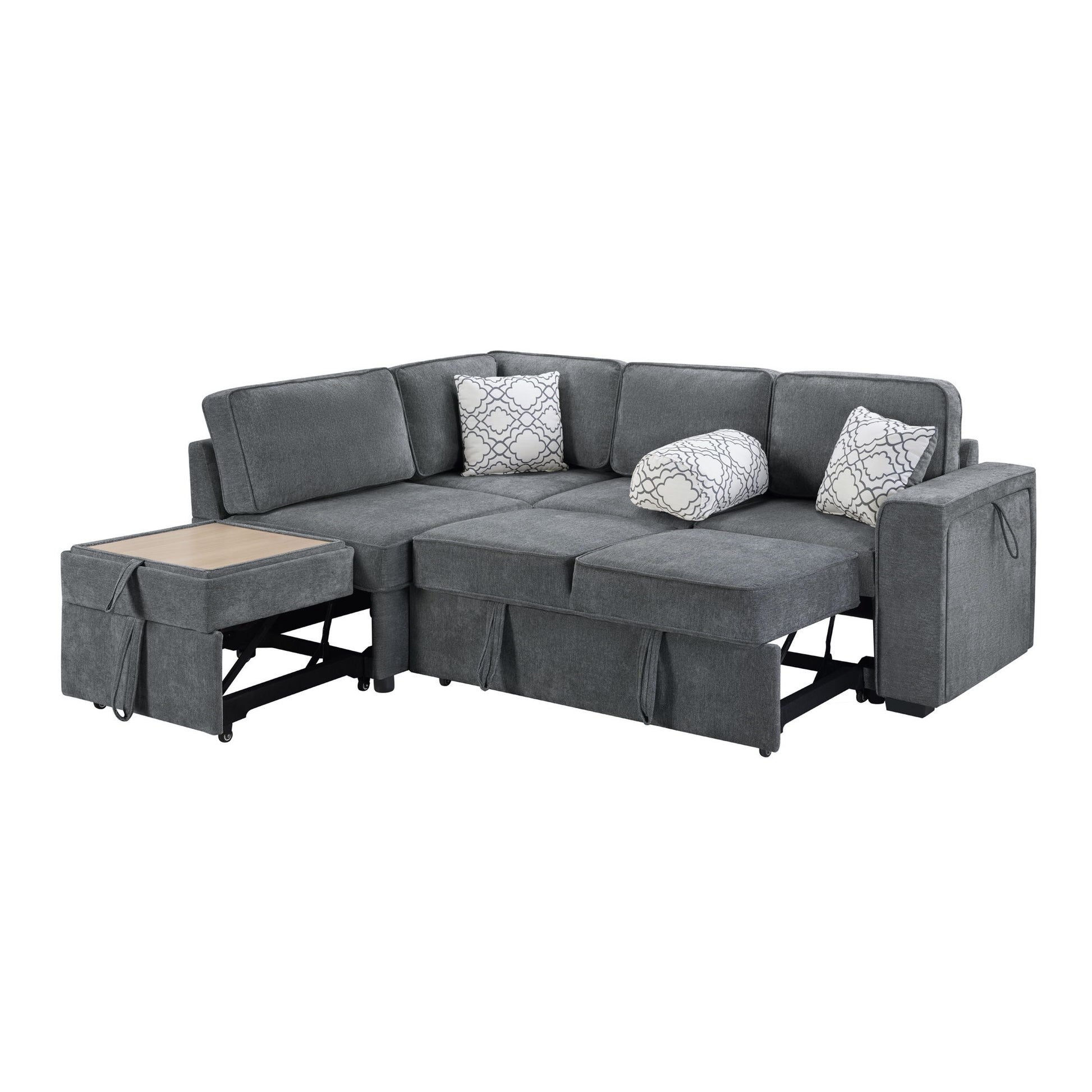Convertible Sectional L-Shaped Sofa With Dual Pull-Out Sleepers, Flip-Top Table, USB Ports, Cup Holder & Storage - Best Buy Furniture