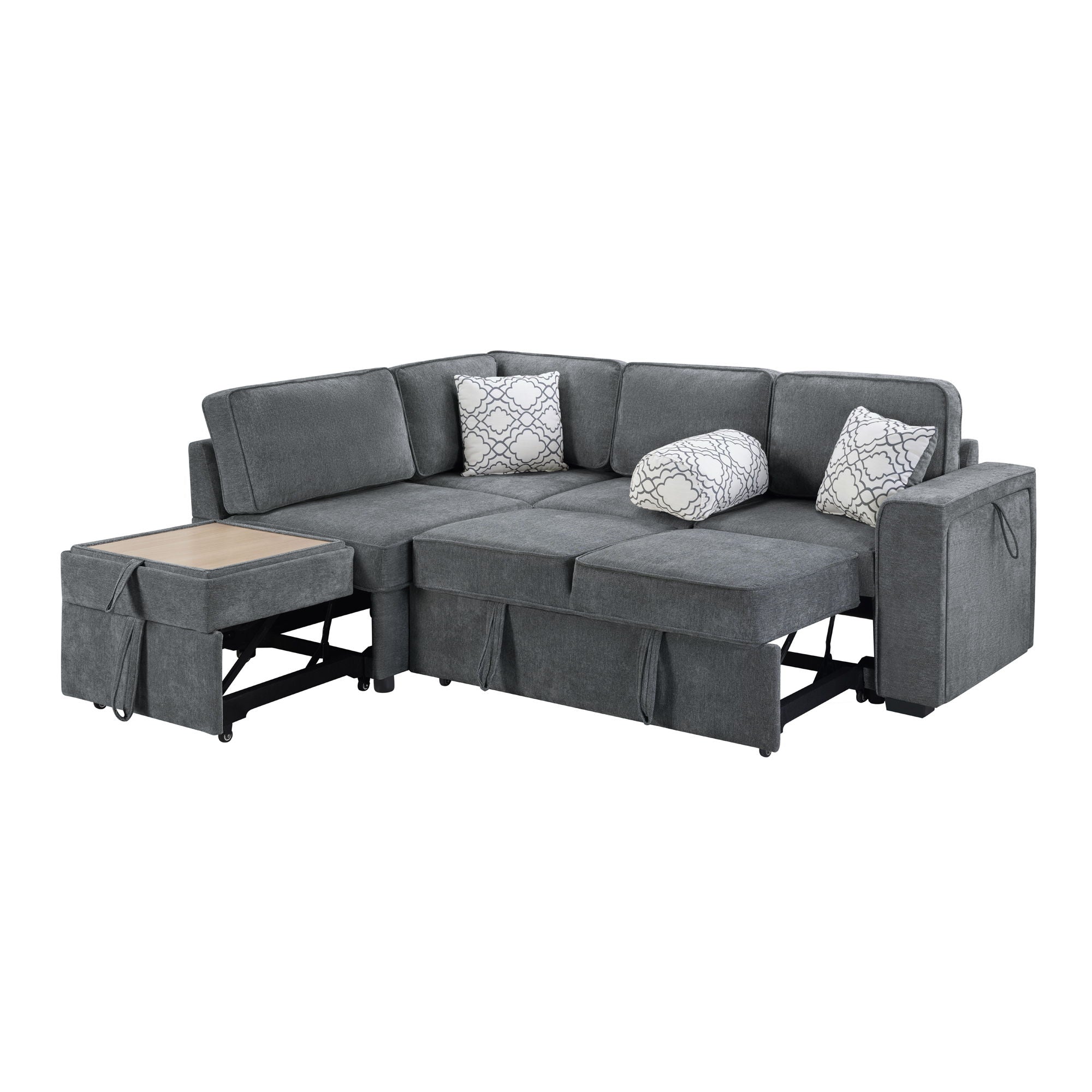 Convertible Sectional L-Shaped Sofa With Dual Pull-Out Sleepers, Flip-Top Table, USB Ports, Cup Holder & Storage - Best Buy Furniture