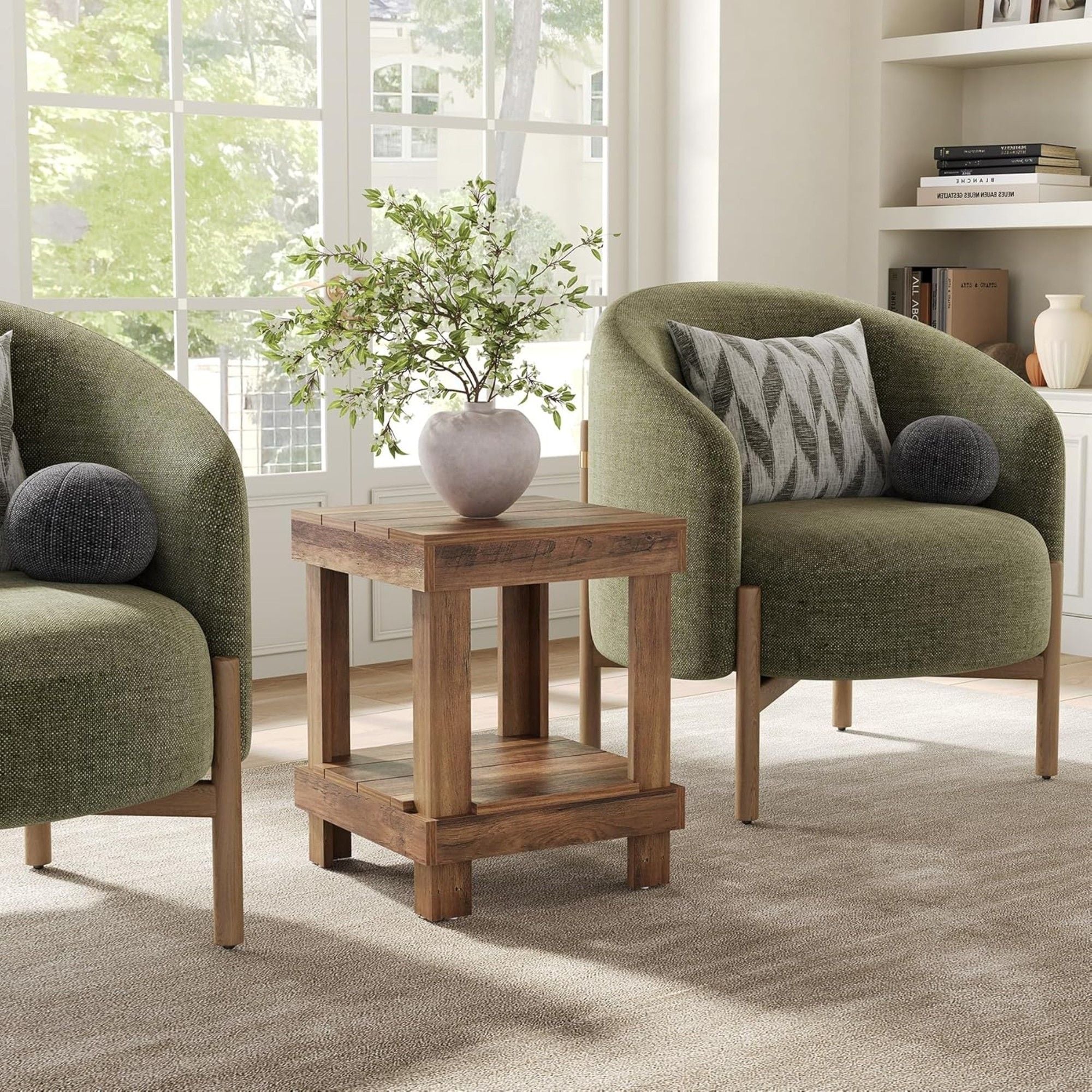 2 Tier End Table With Open Shelves, Compact Square Side Table For Living Room - Natural Wood