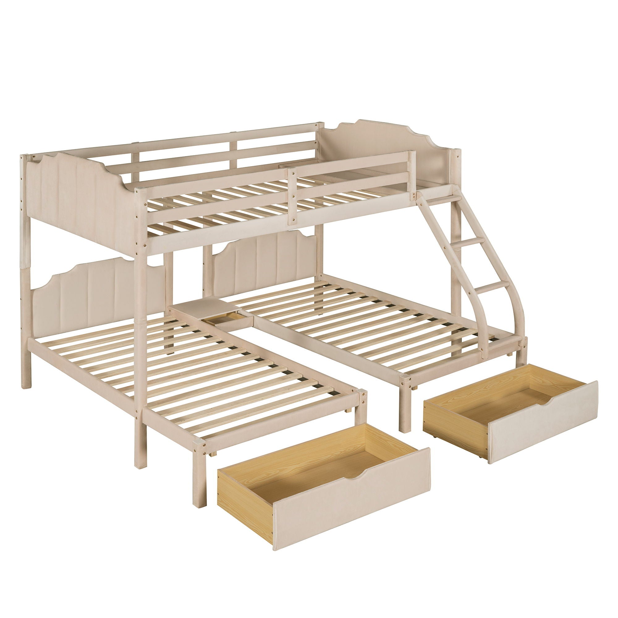 Bunk Bed, Triple Bed With Drawers And Guardrails