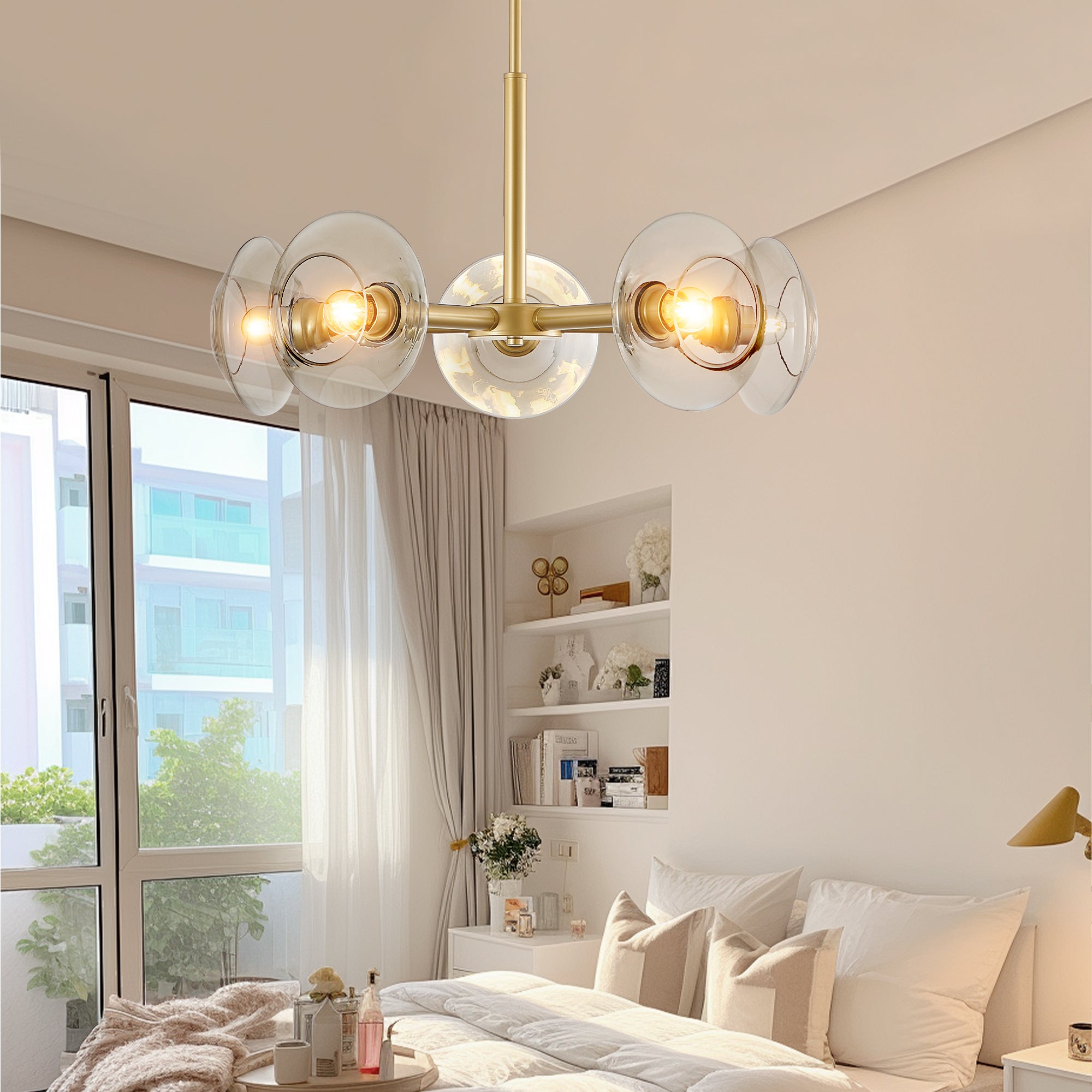 26" Modern Gold 5-Light Sputnik Chandelier with Clear Glass Shades