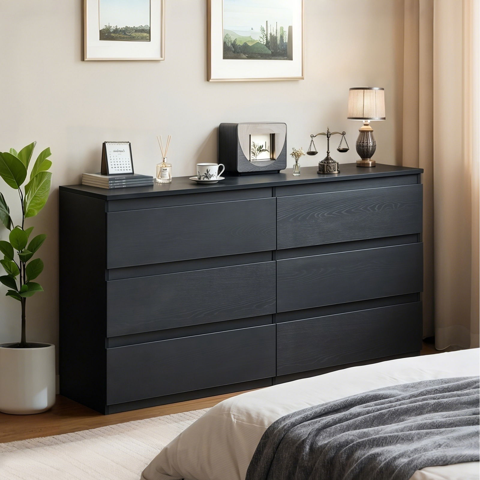 6 Drawer Dresser With Spacious Countertop And Concealed Handles