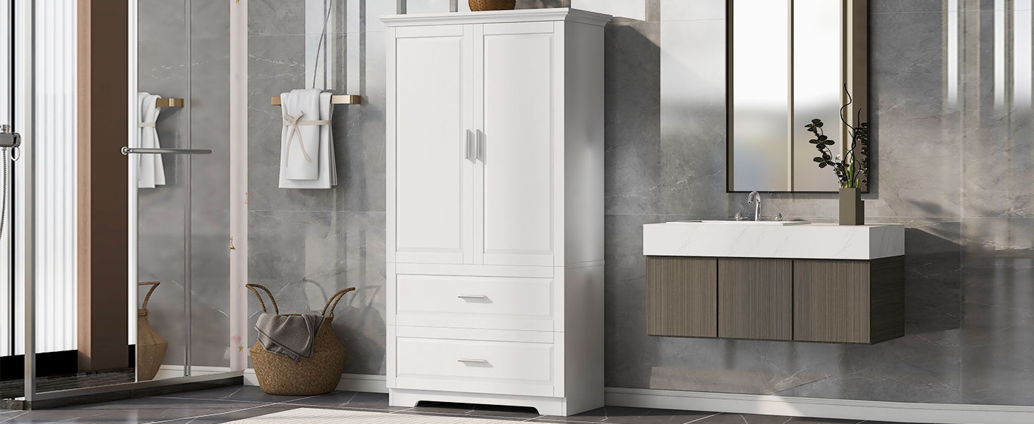 Tall Bathroom Storage Cabinet, Cabinet With 2 Doors And Drawers, Adjustable Shelf