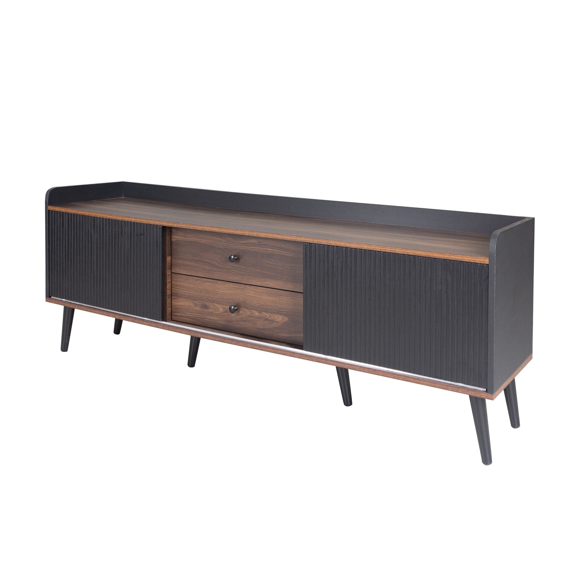 Mid Century TV Stand With 2 Cabinets & Open Compartments, Entertainment Center For Tvs Up To 70'', Television Console For Living Room - Dark Coffee / Black
