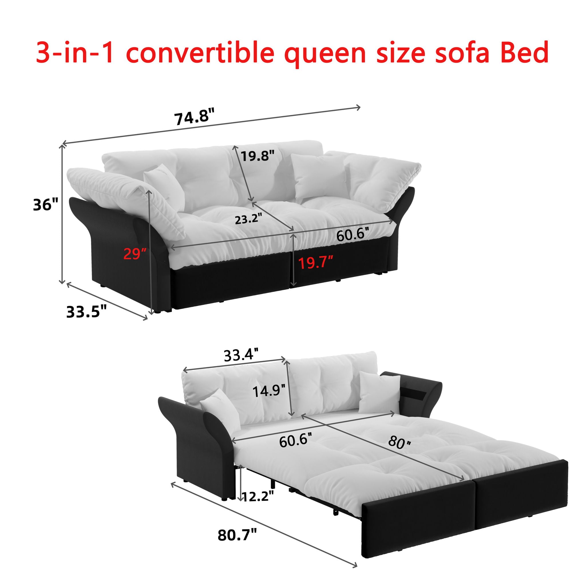 Queen Pull Out Sofa Bed, 3 In 1 Convertible Sleeper Tufted Sofa With 2 Soft Pillows