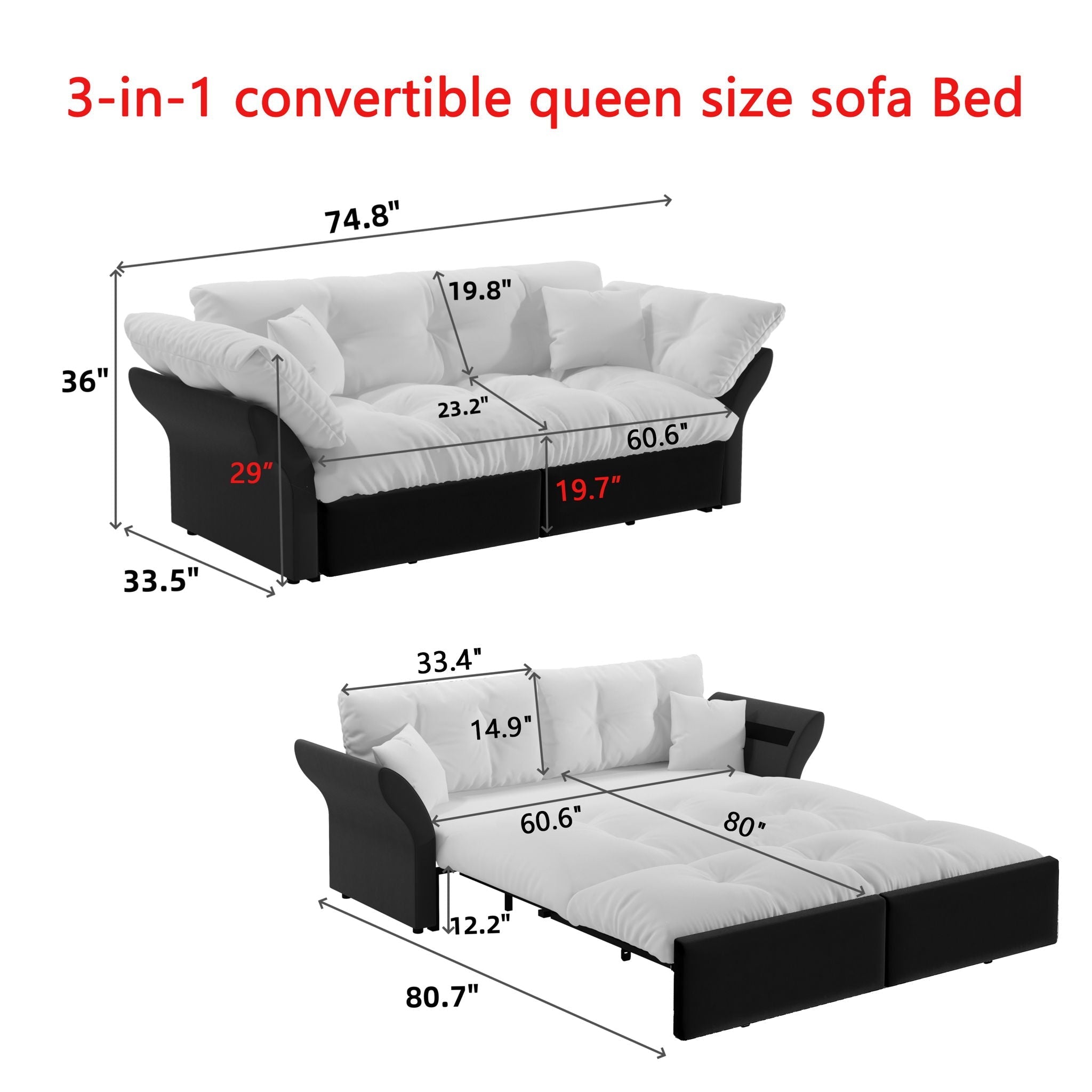Queen Pull Out, 3 In 1 Convertible Sleeper Tufted Sofa & 2 Soft Pillows