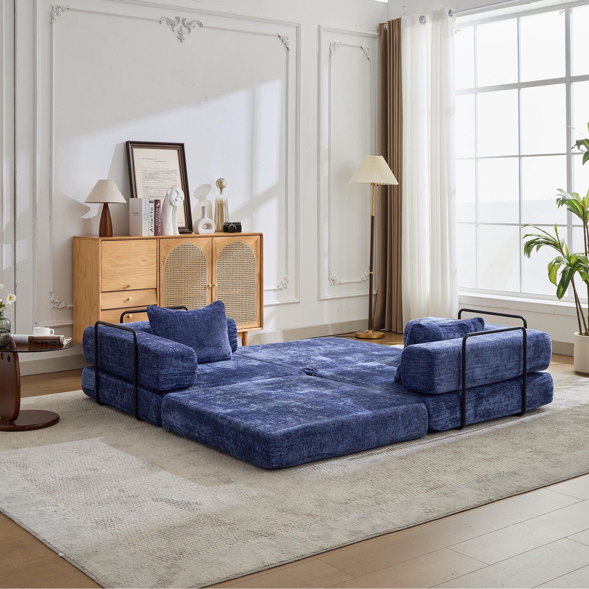Convertible Floor Sofa Bed With Fixed Shape Frame, Loveseats Boneless Modular Sectional, For Living Room - Dark Blue