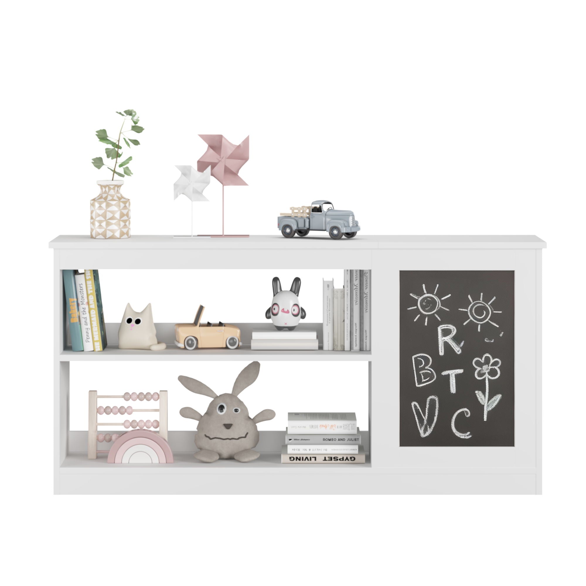 3 In 1 Bookshelf And Toy Storage Cabinet With Chalkboard, Organizer For Playroom Featuring And Spacious Storage - White