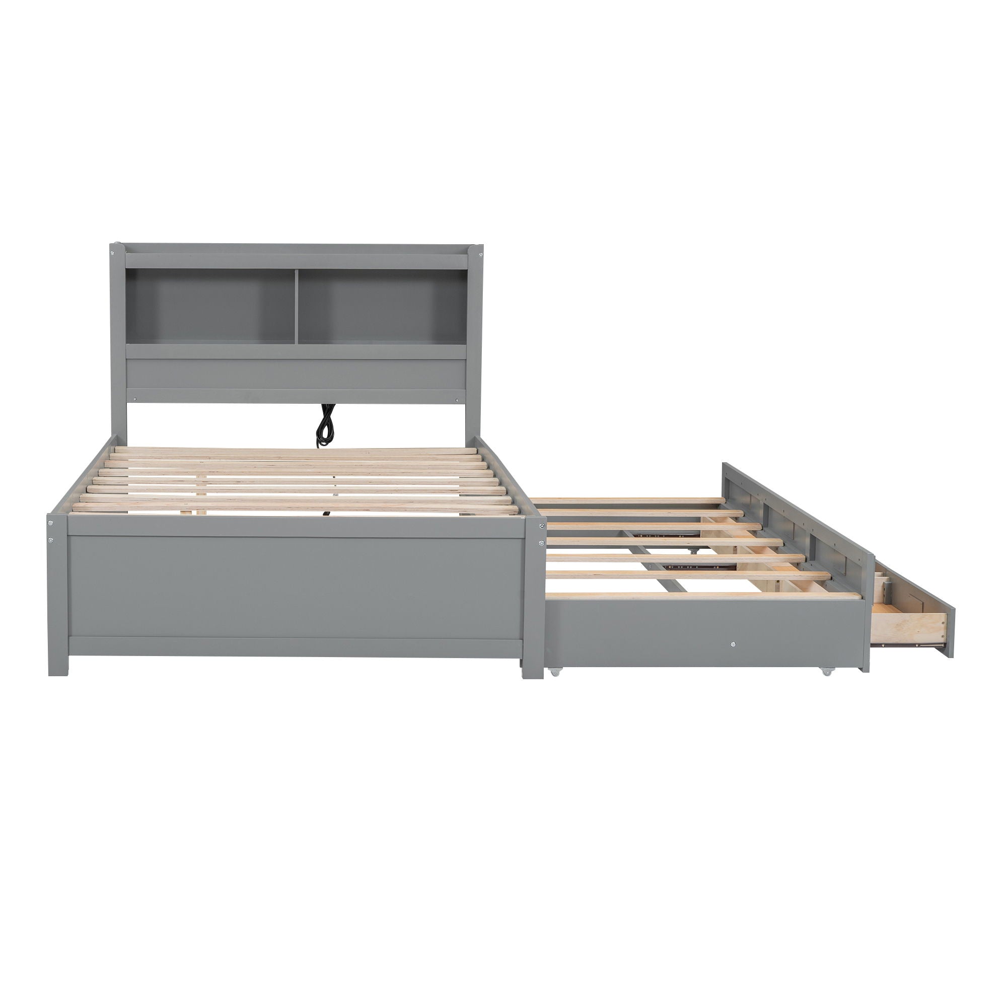 Full Size Platform Bed With Trundle, Drawers, USB Ports And Built In Shelves - Gray
