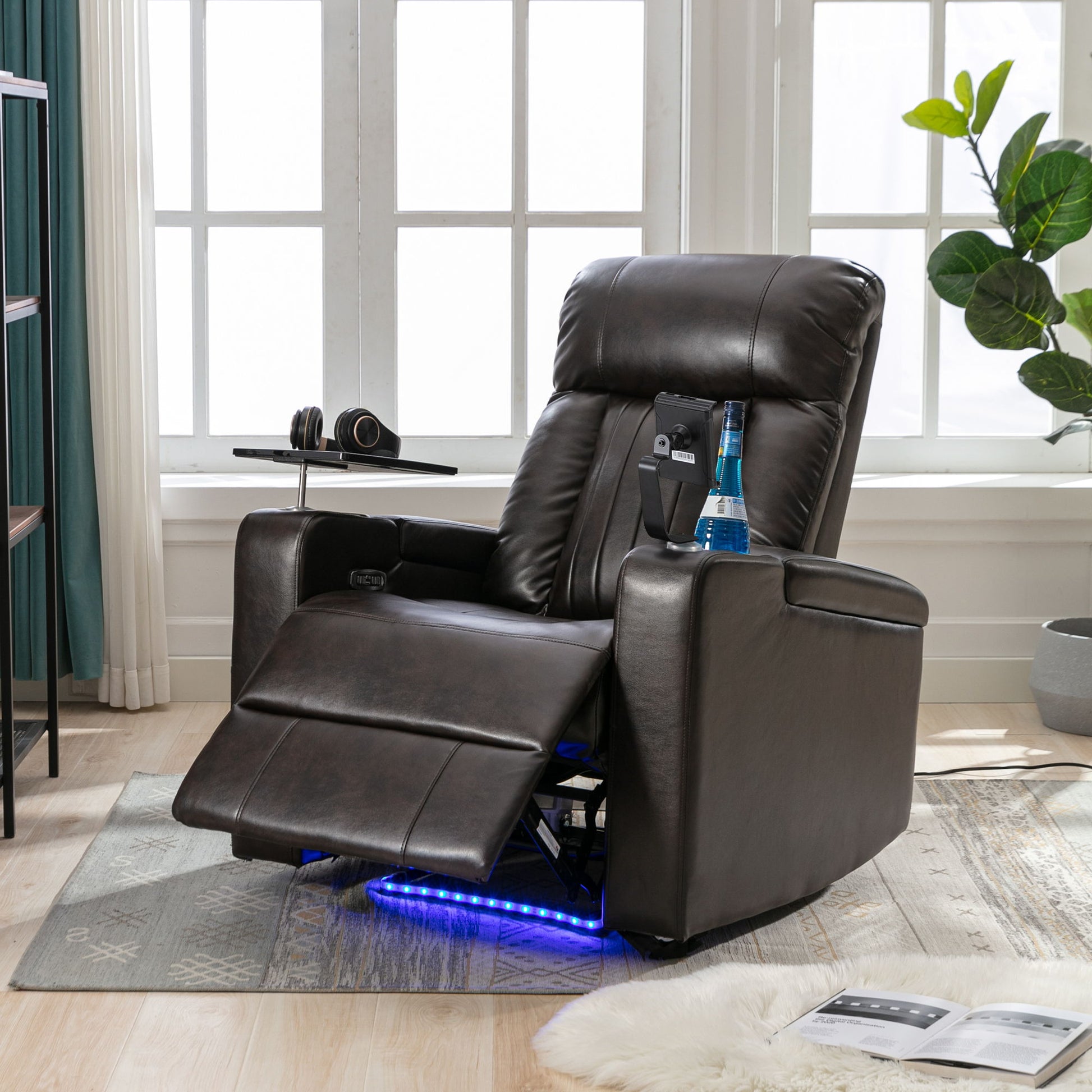 Power Recliner With Storage Arms, Cupholders, Swivel Tray Table And Cell Phone Stand - Brown - Best Buy Furniture