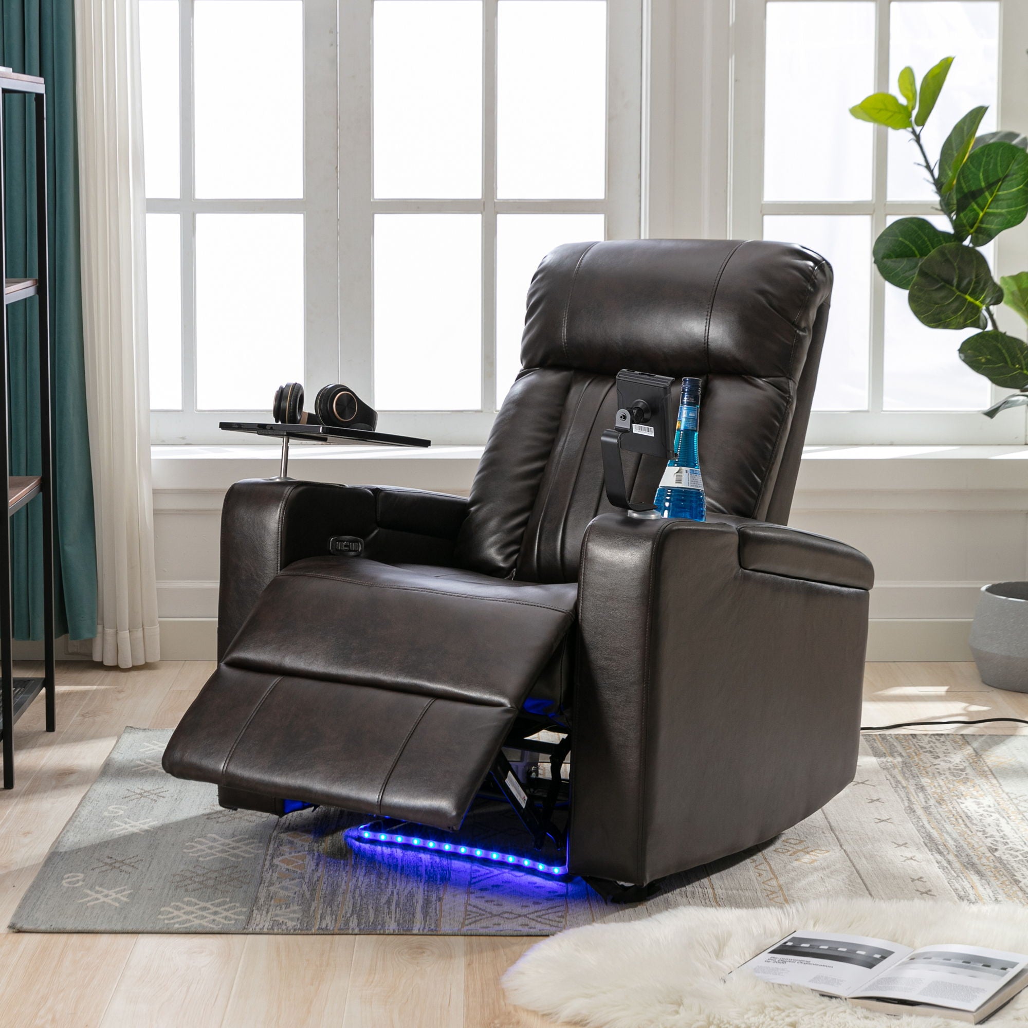 Power Recliner With Storage Arms, Cupholders, Swivel Tray Table And Cell Phone Stand - Brown - Best Buy Furniture