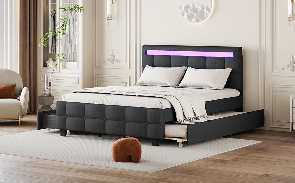 Upholstered Platform Bed With LED Frame, With Trundle And 2 Drawers
