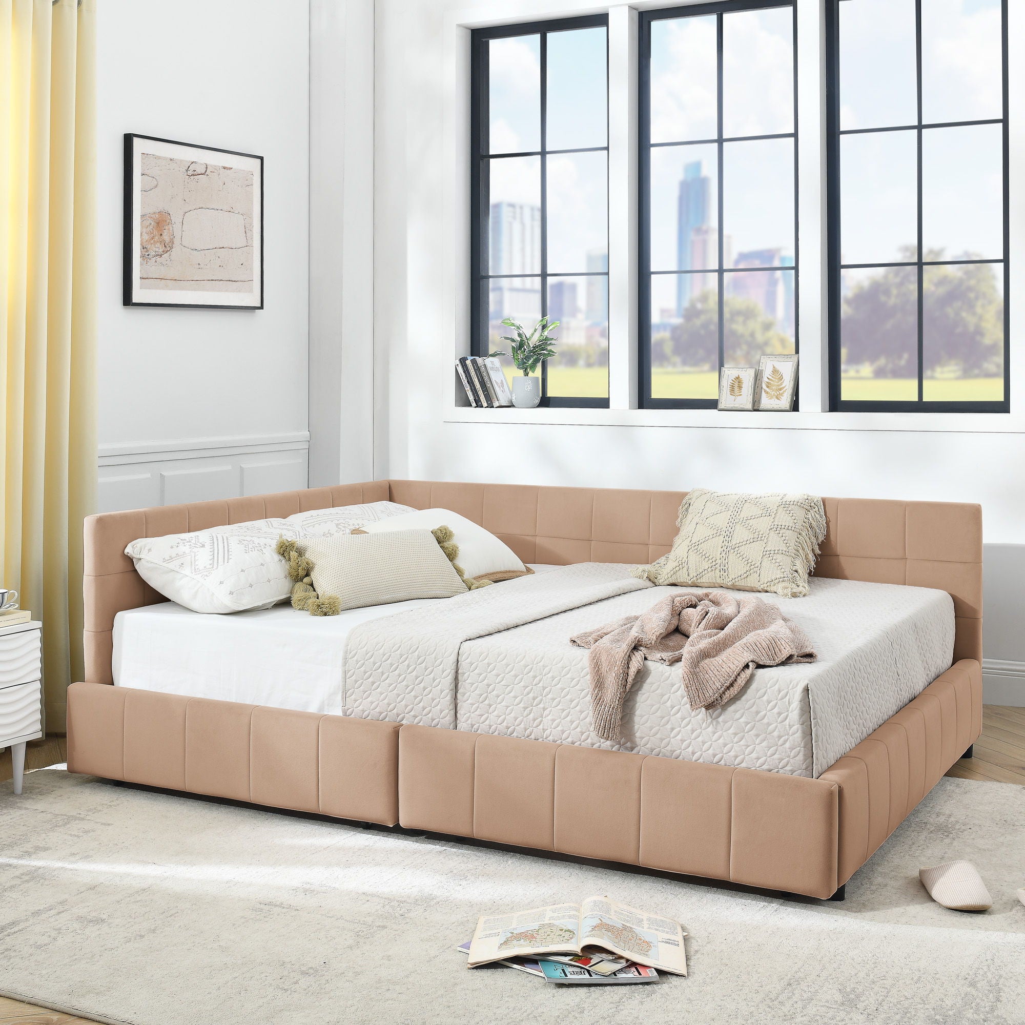 Mid-Century Storage Upholstered Tufted Bed Frame With Backrest And Armrests