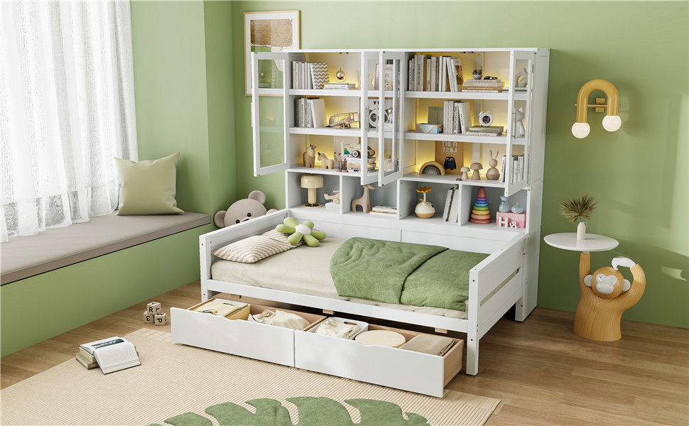 Daybed With Glass Door Storage Cabinets, Built In LED Lighting And Shelves