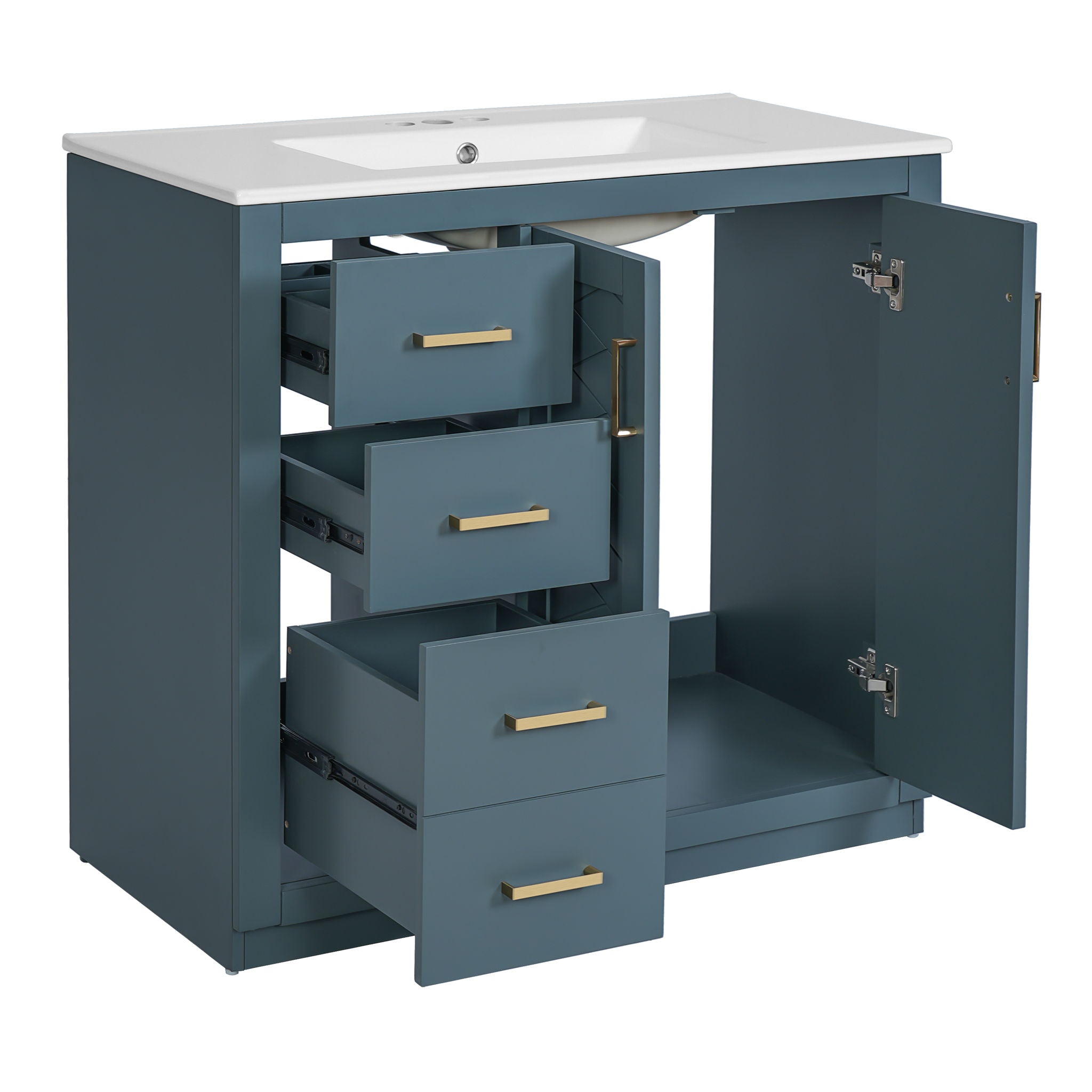 Modern Bathroom Vanity With Ceramic Sink, 6 Drawers & Soft-Close Doors