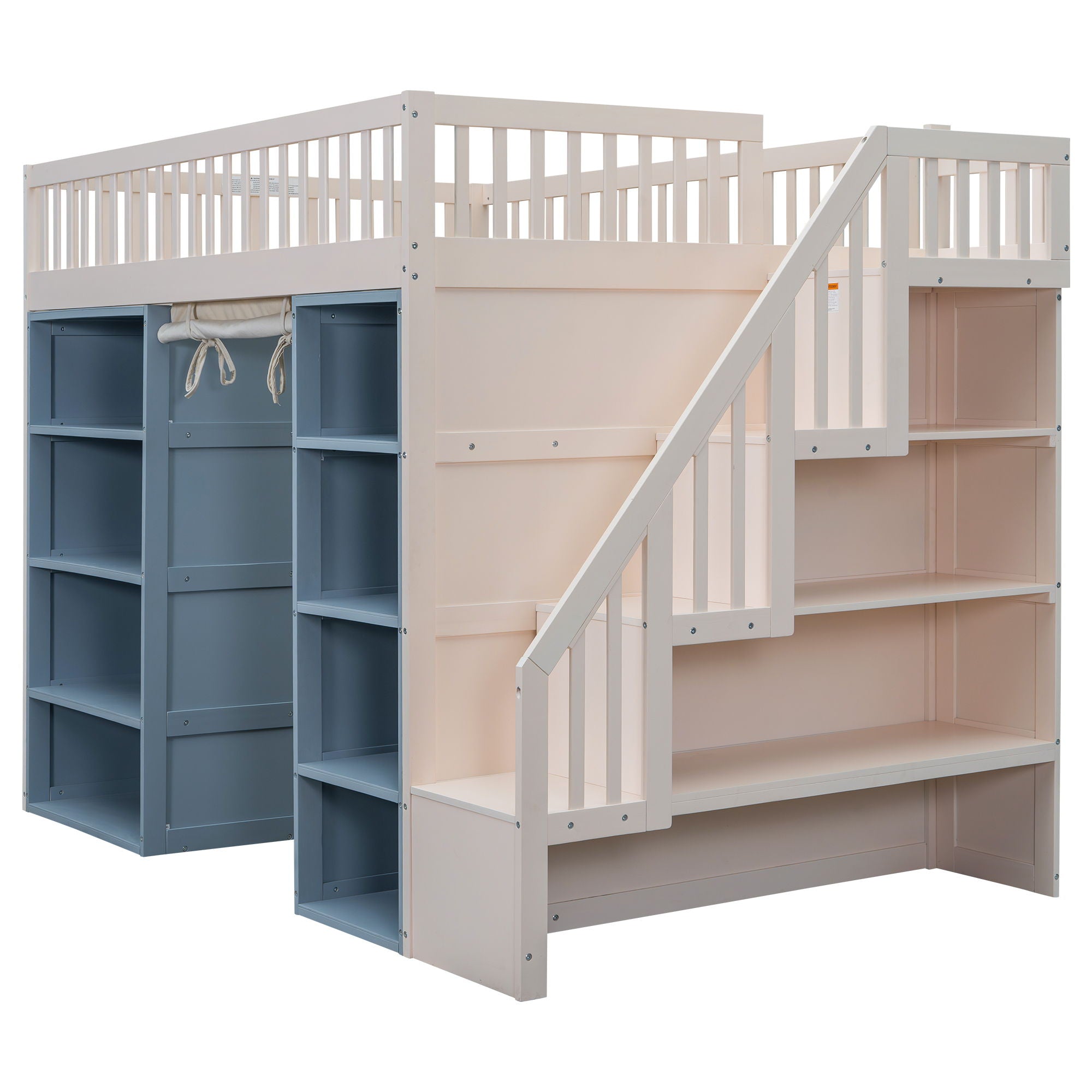 Full Size Loft Bed With 2 Four Layer Storage Cabinets And Curtain With Built In Staircase And Privacy Curtain - White