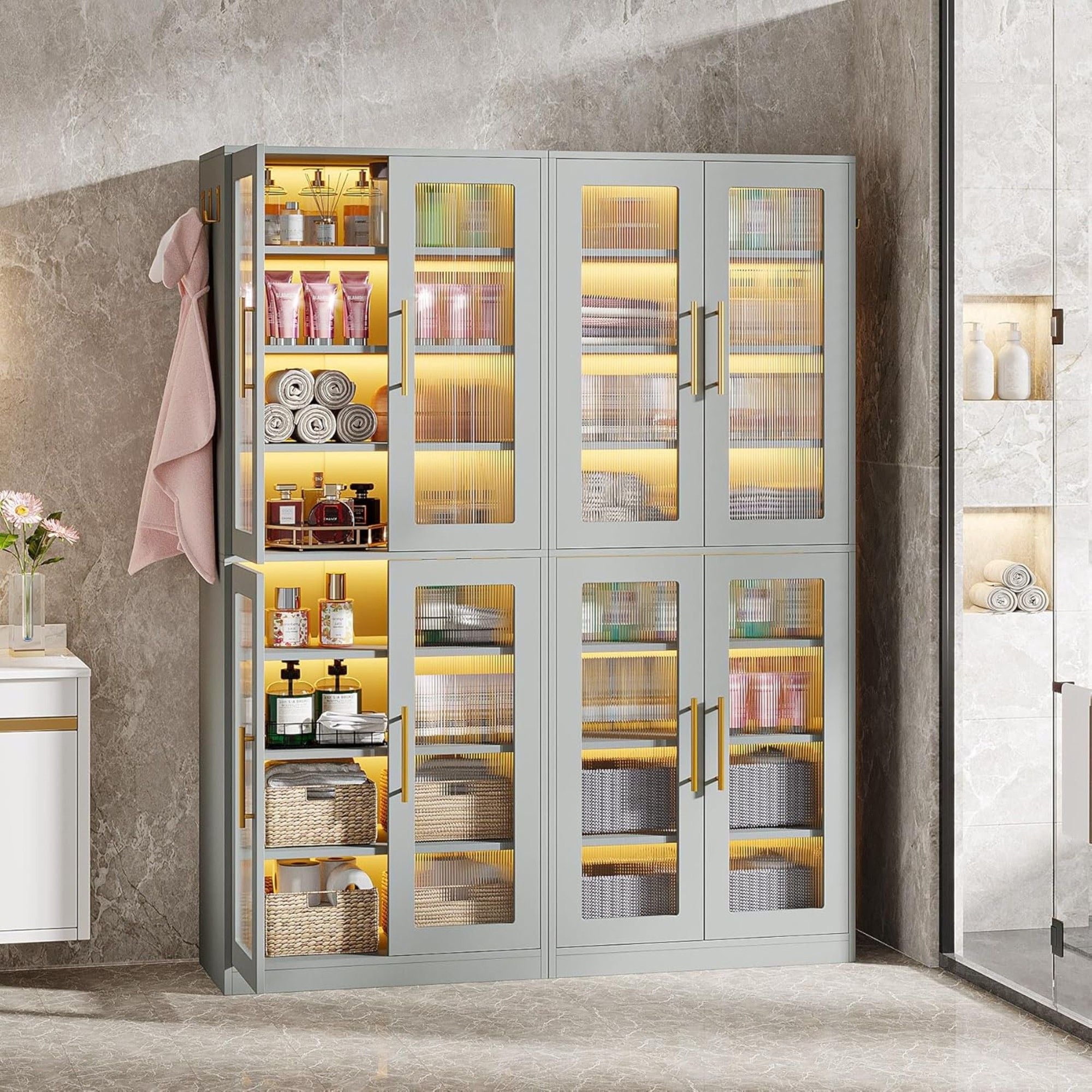 Bookcase With Doors And LED Lighting, 8 Adjustable Shelves Storage Cabinet