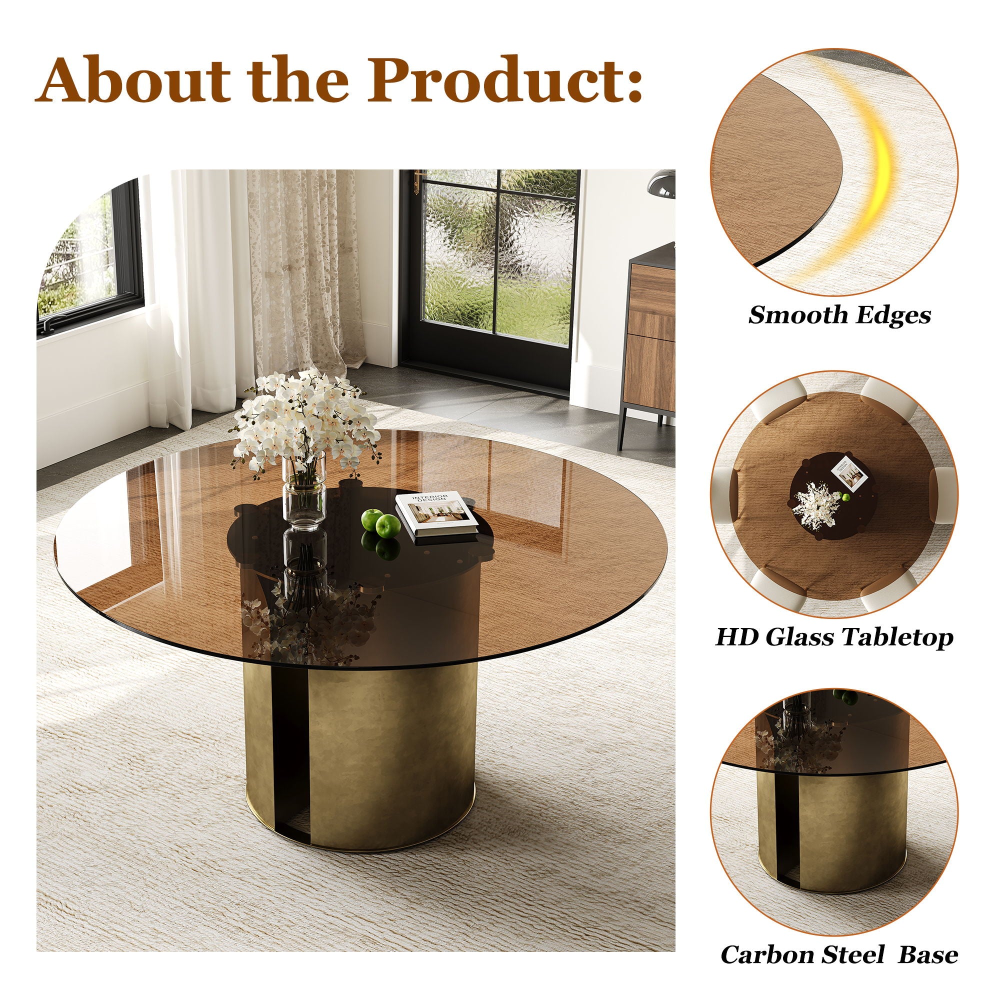 Round Dining Table With Glass Top, Kitchen And Living Room Furniture - Brown