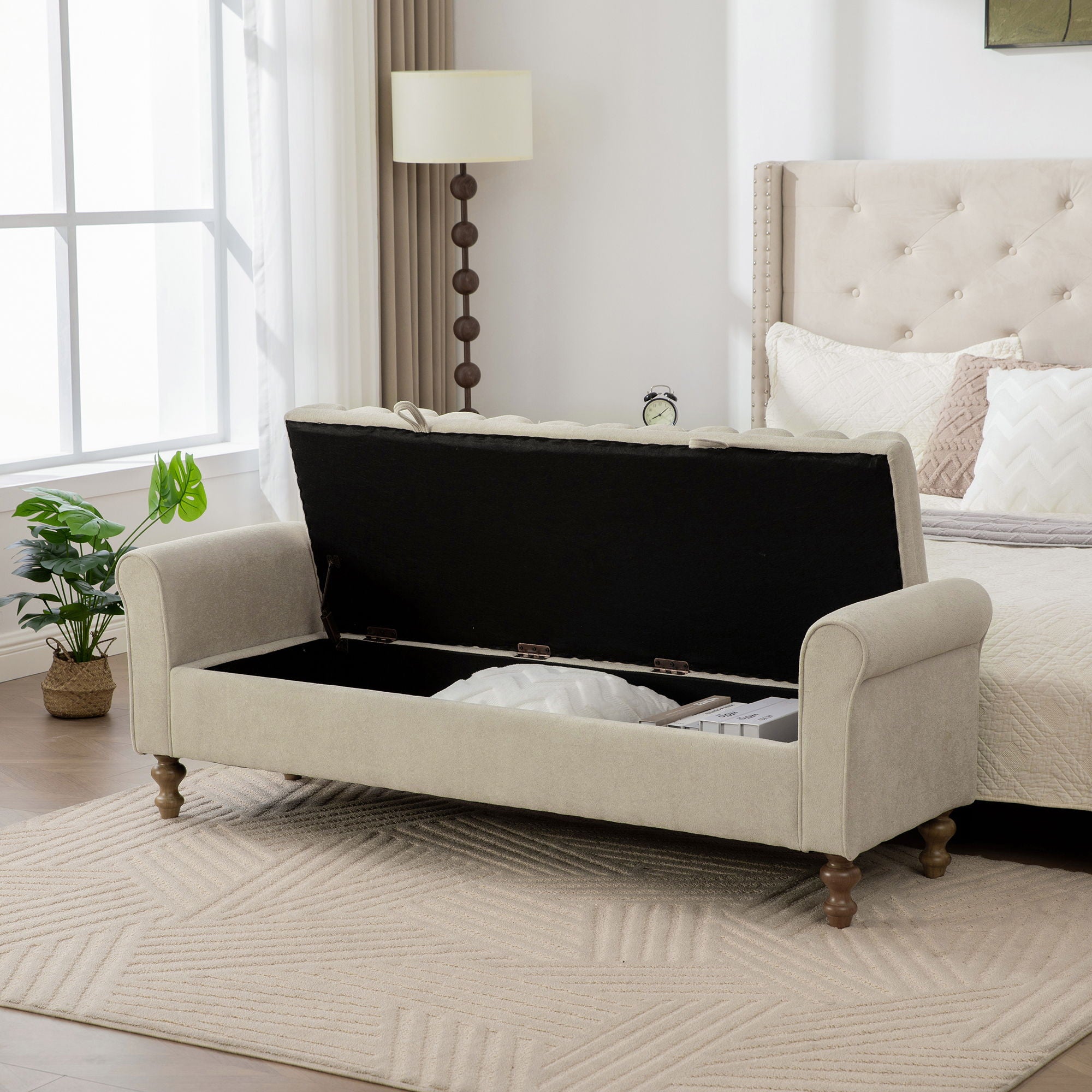 Wide Upholstered Storage Bench With Rolled Armrest For Bedroom - Griege