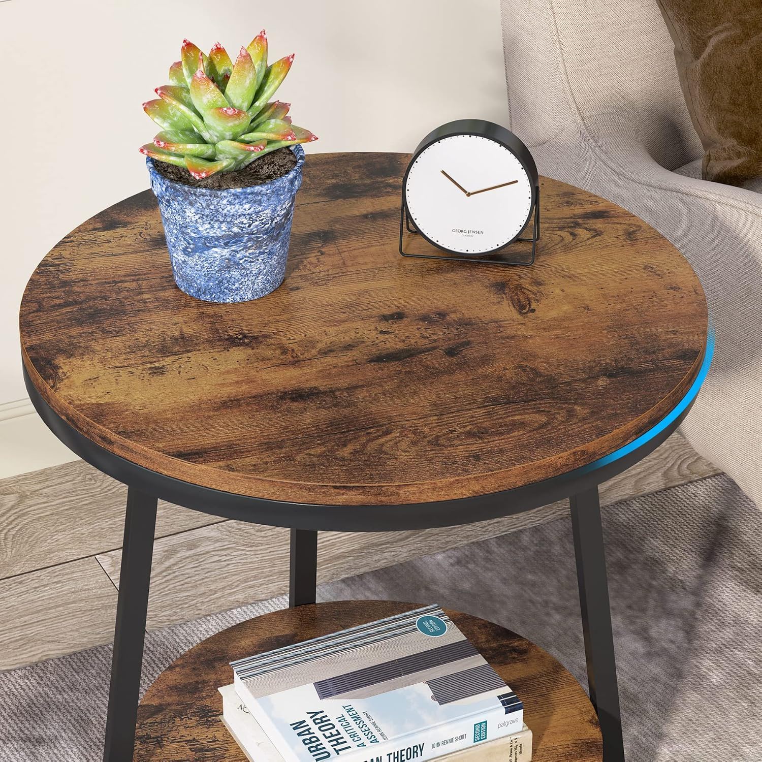 Round End Table With Hairpin Legs, 2 Tier For Living Room - Rustic Brown