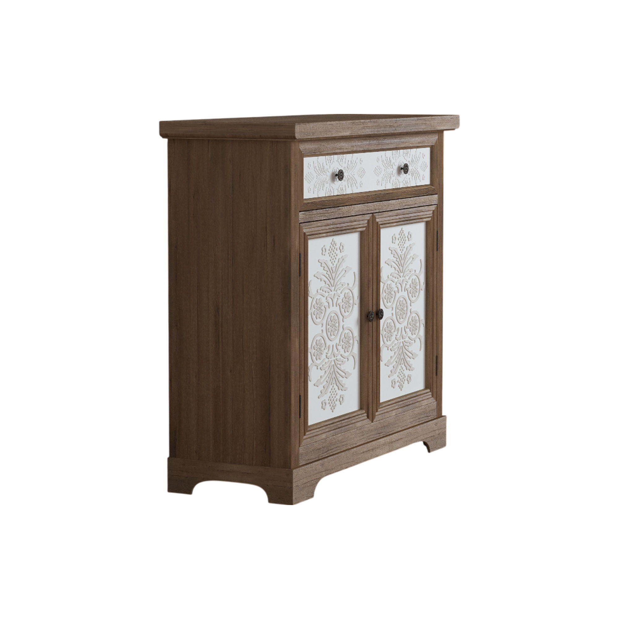 Accent Cabinet With Carved Floral Panels, Sideboard With Drawer And Double Doors - Antique Brown / White