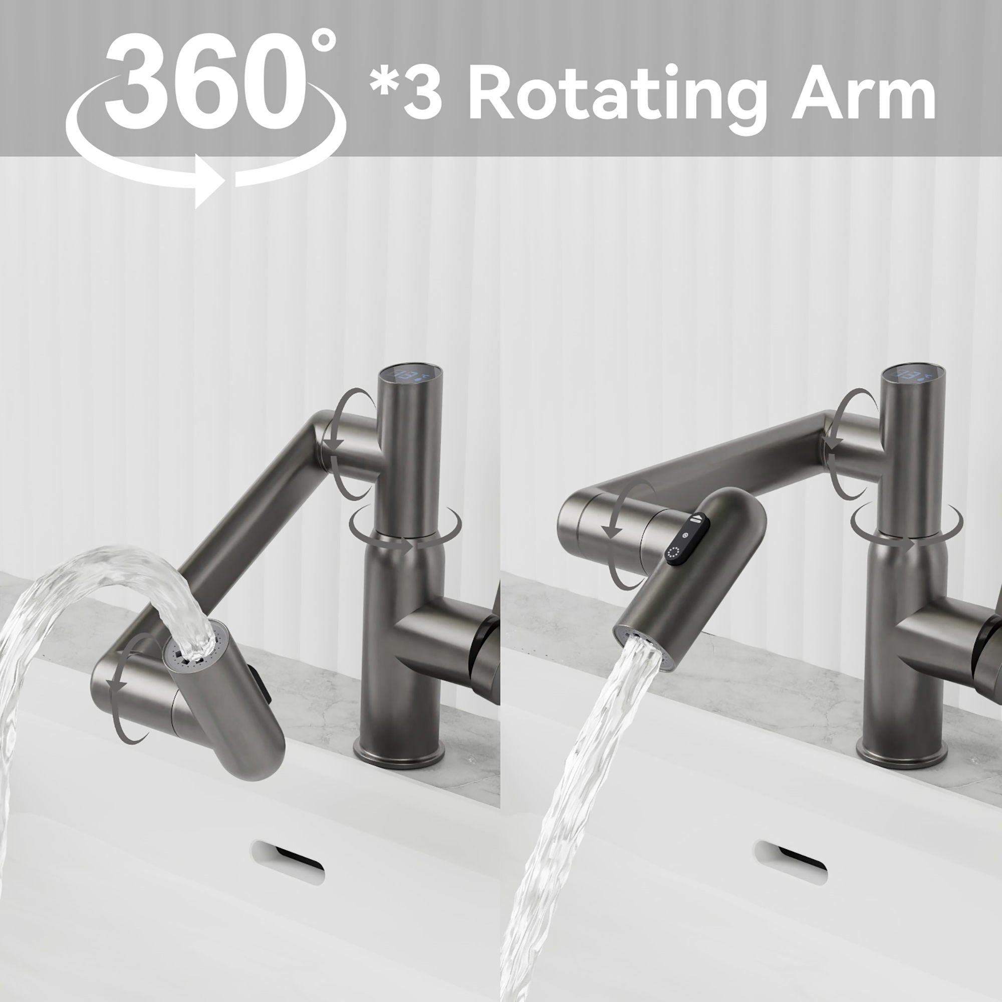 Bathroom Sink Faucet With Spray Function, Temperature Display, Anti Skid Switch, Hot & Cold, 360 Degree Rotary, Brass - Gun Gray