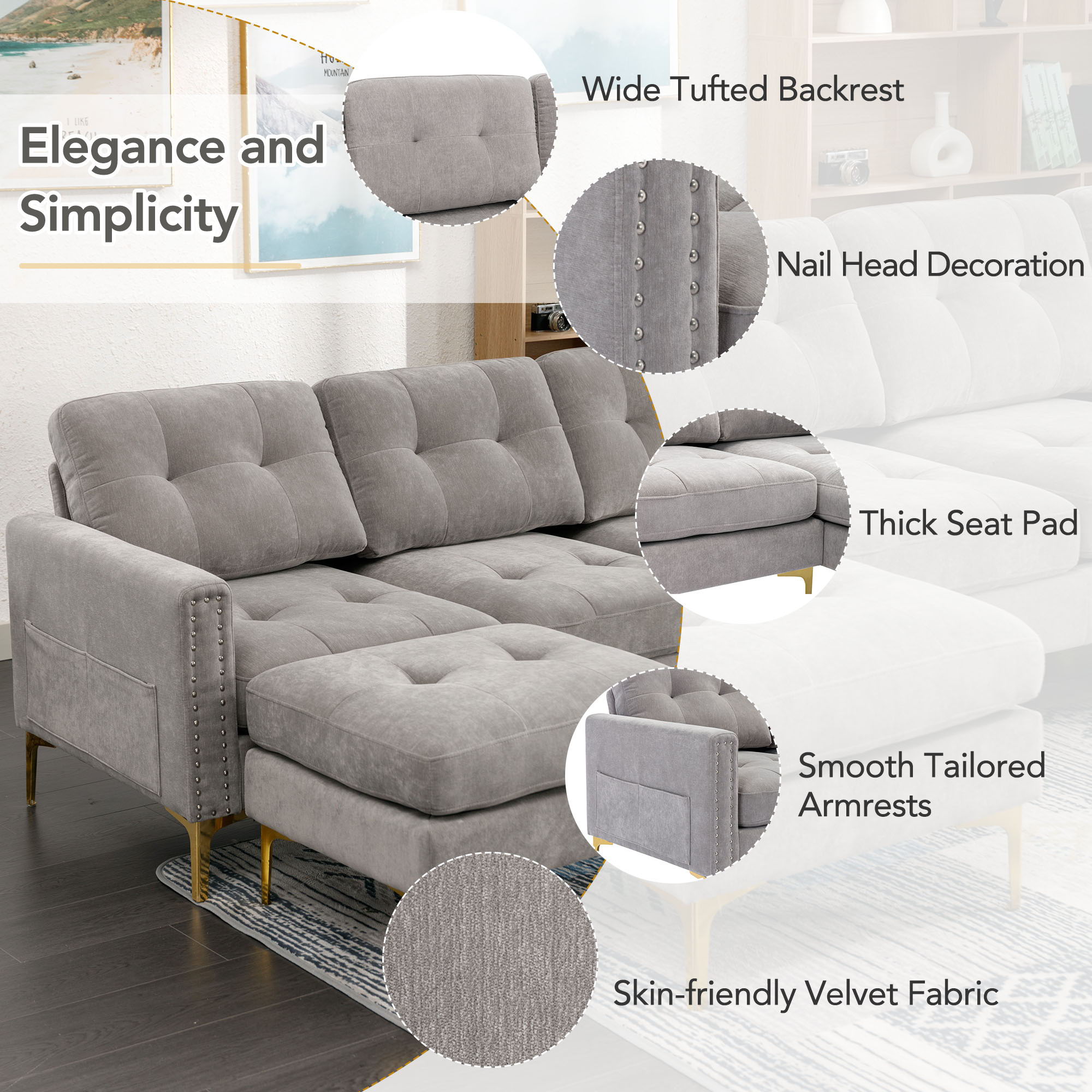 Modern L - Shape Convertible Sectional Sofa With Movable Ottoman