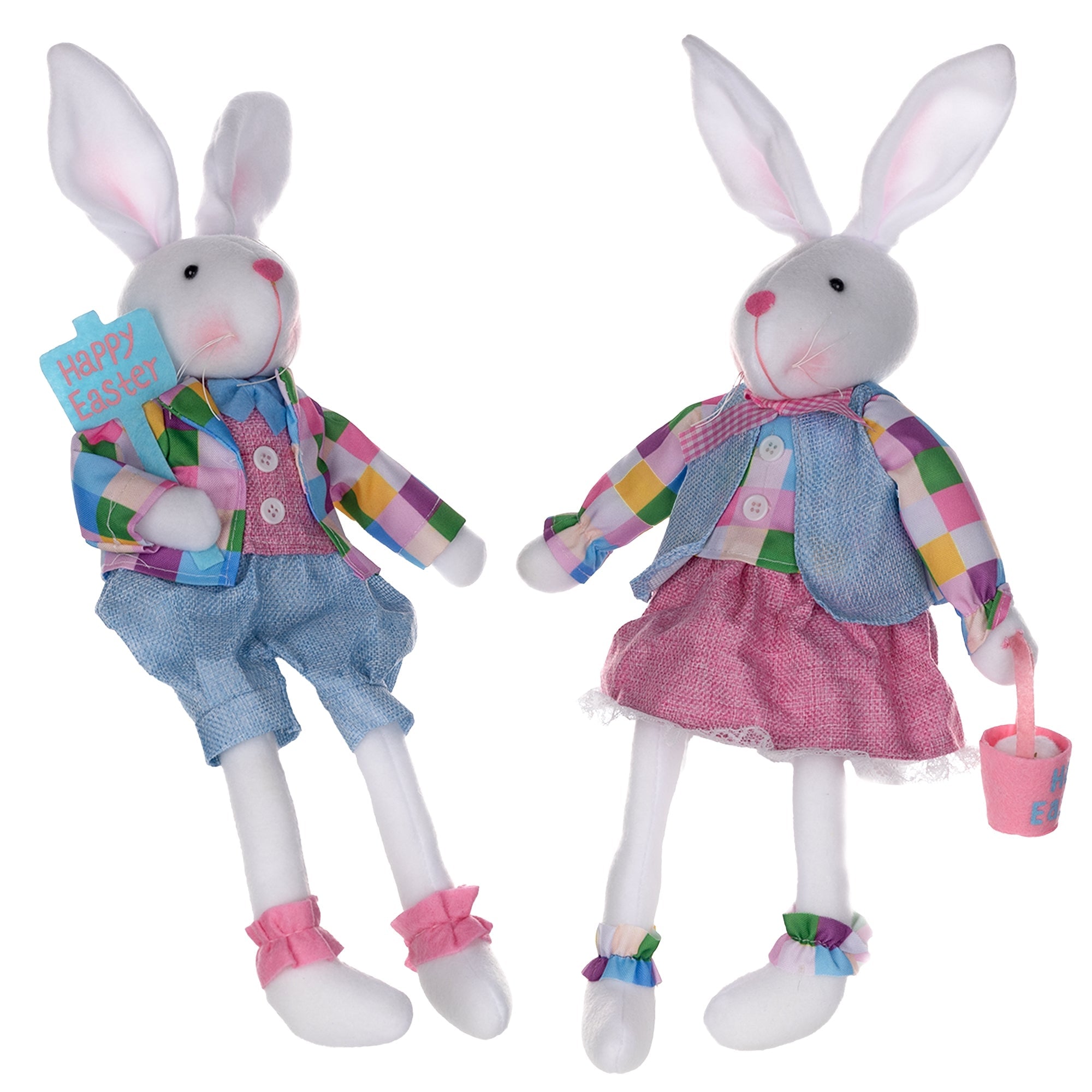 Plush-plaid-easter-rabbit-shelf-sitter-(set-of-2)-Easter-Decor