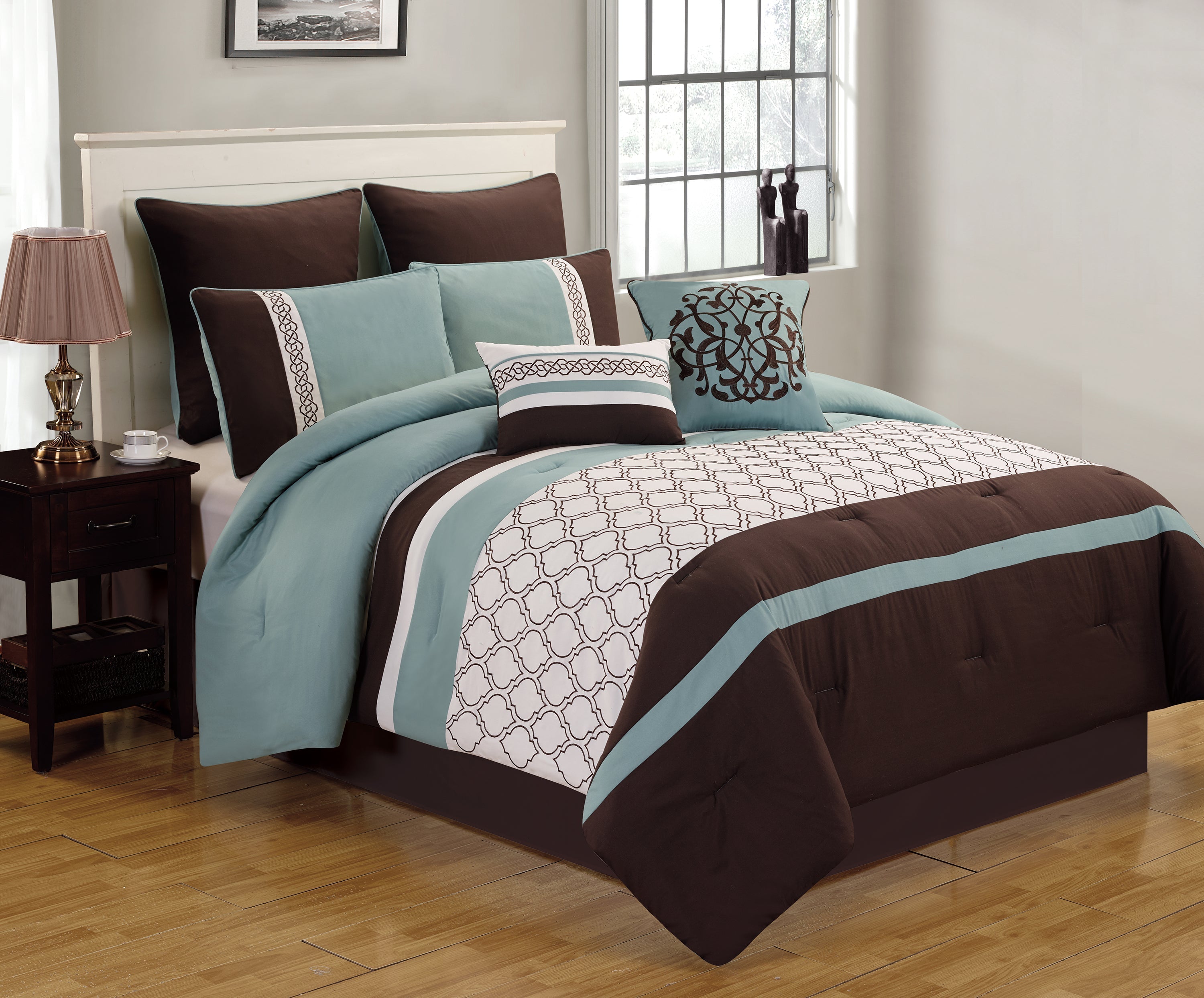 Tolbert 8 Pc Teal & Brown Geometric Embroidered Comforter Set
