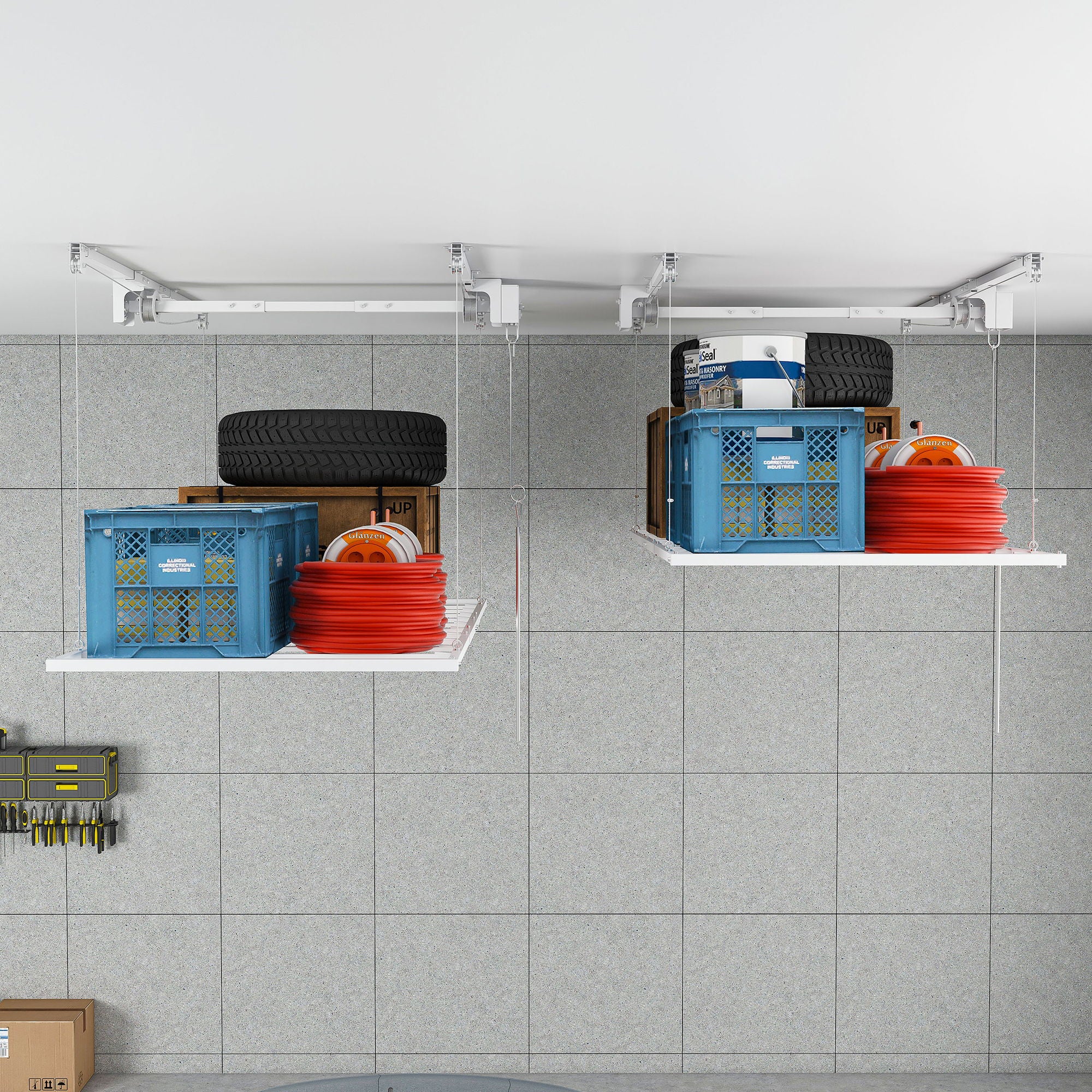 Overhead Garage Storage Rack 3 X 6 Ft For High Ceilings, With Safety Lock - White