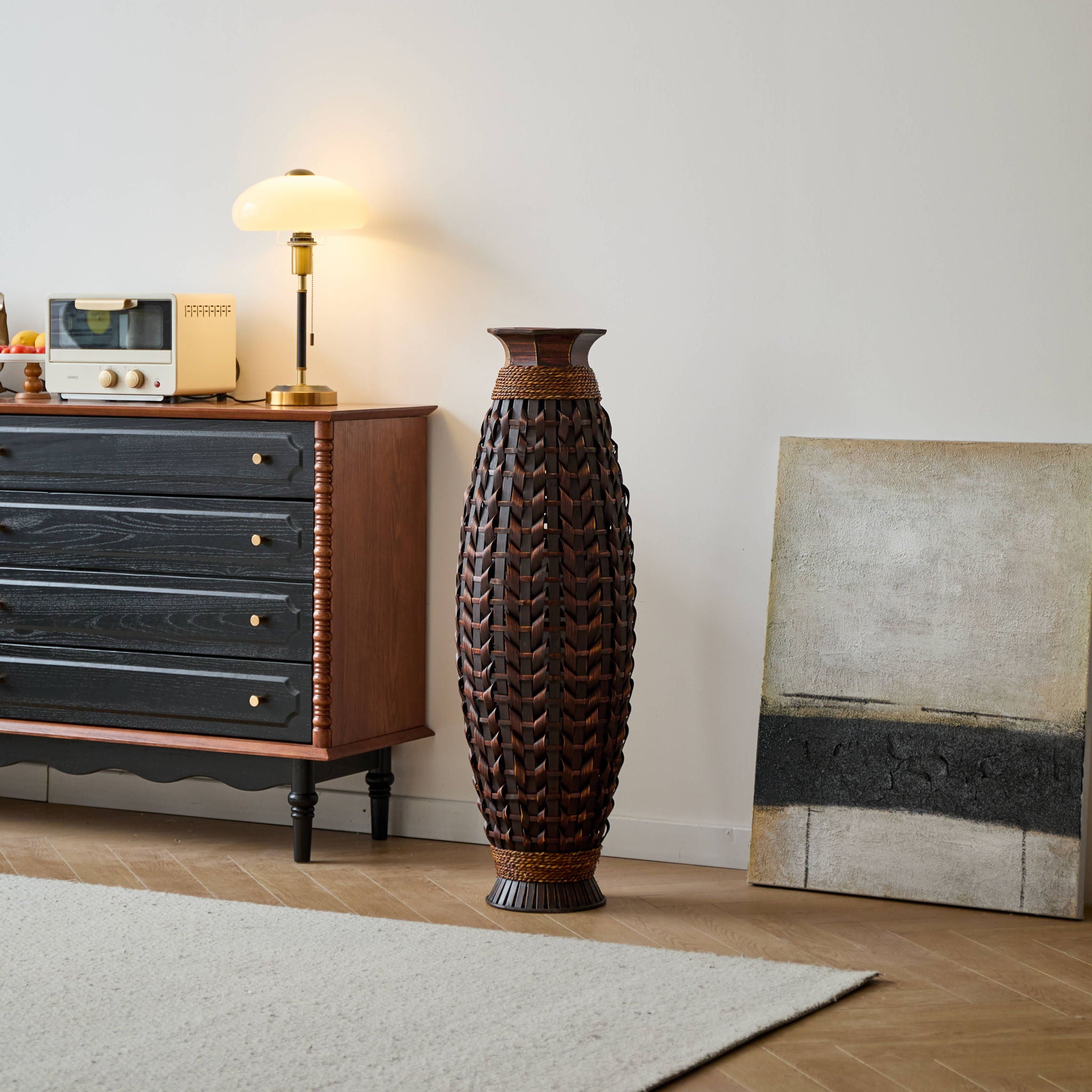 Hand Woven Bamboo Floor Vase, Decorative Accent For Living Room - Acacia Wood