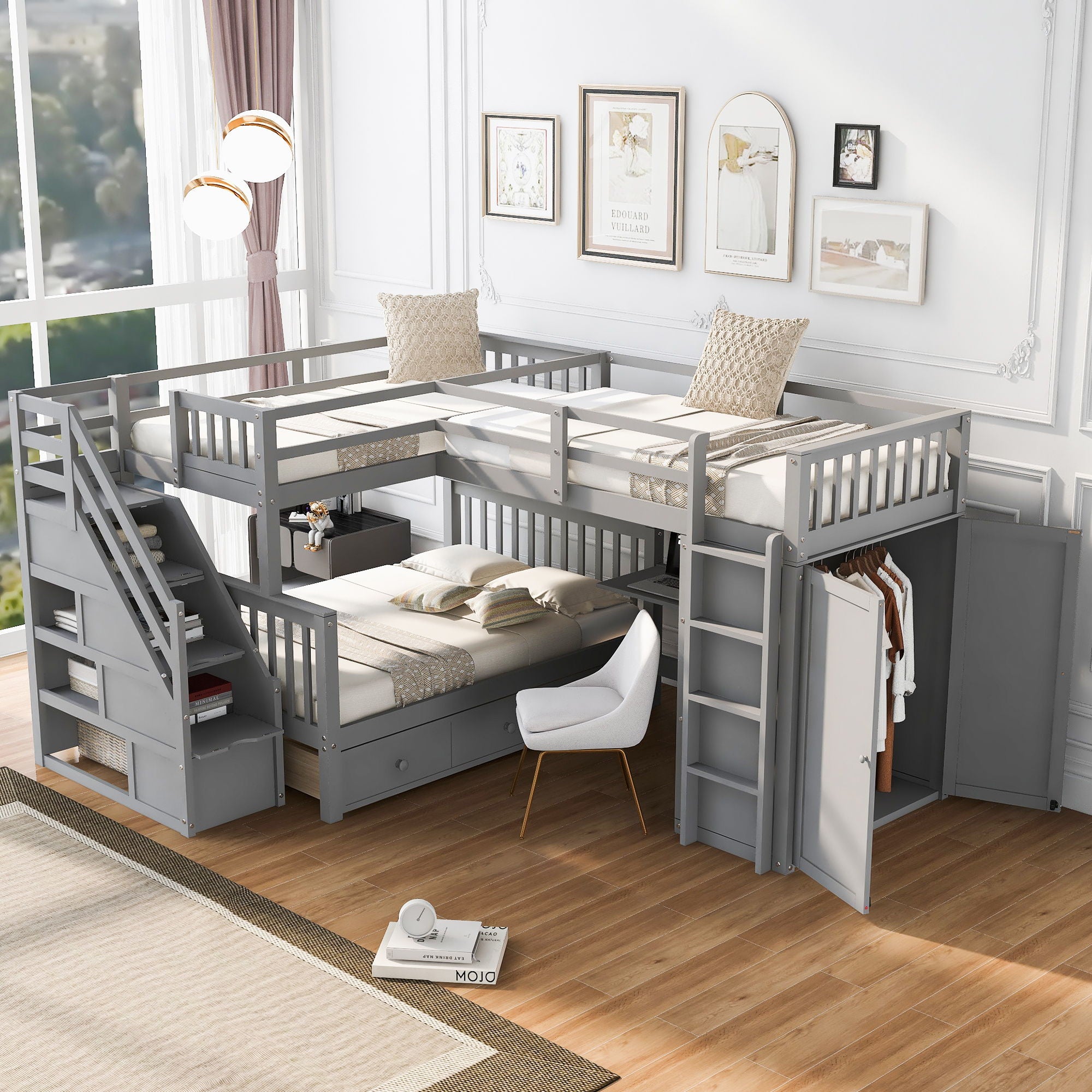 L Shaped Bunk Bed With 3 Drawers, Portable Desk And Wardrobe
