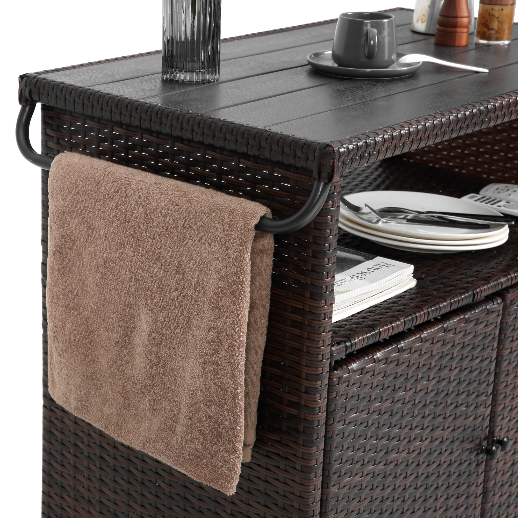 Outdoor Wicker Bar Cart with Glass Top and Wheels - Light Brown