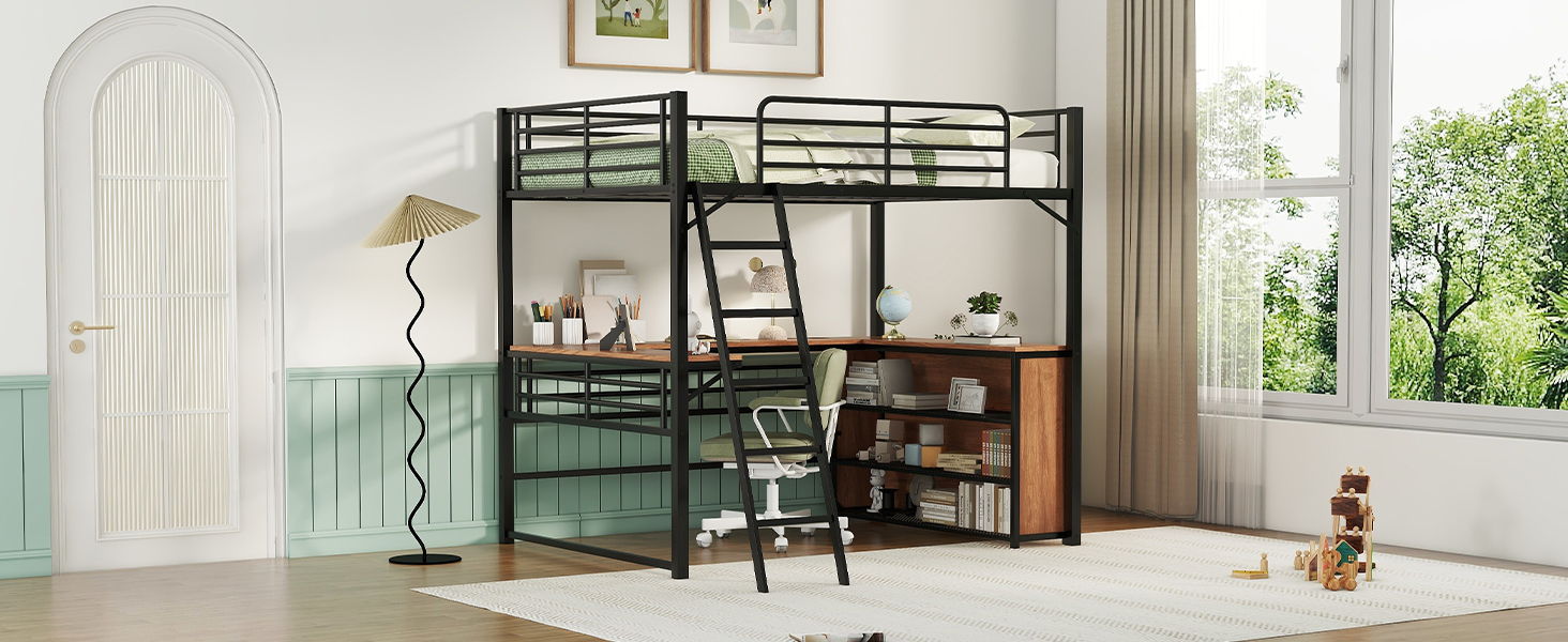 Loft Bed & 3 Layers Of Shelves And L-Shaped Desk
