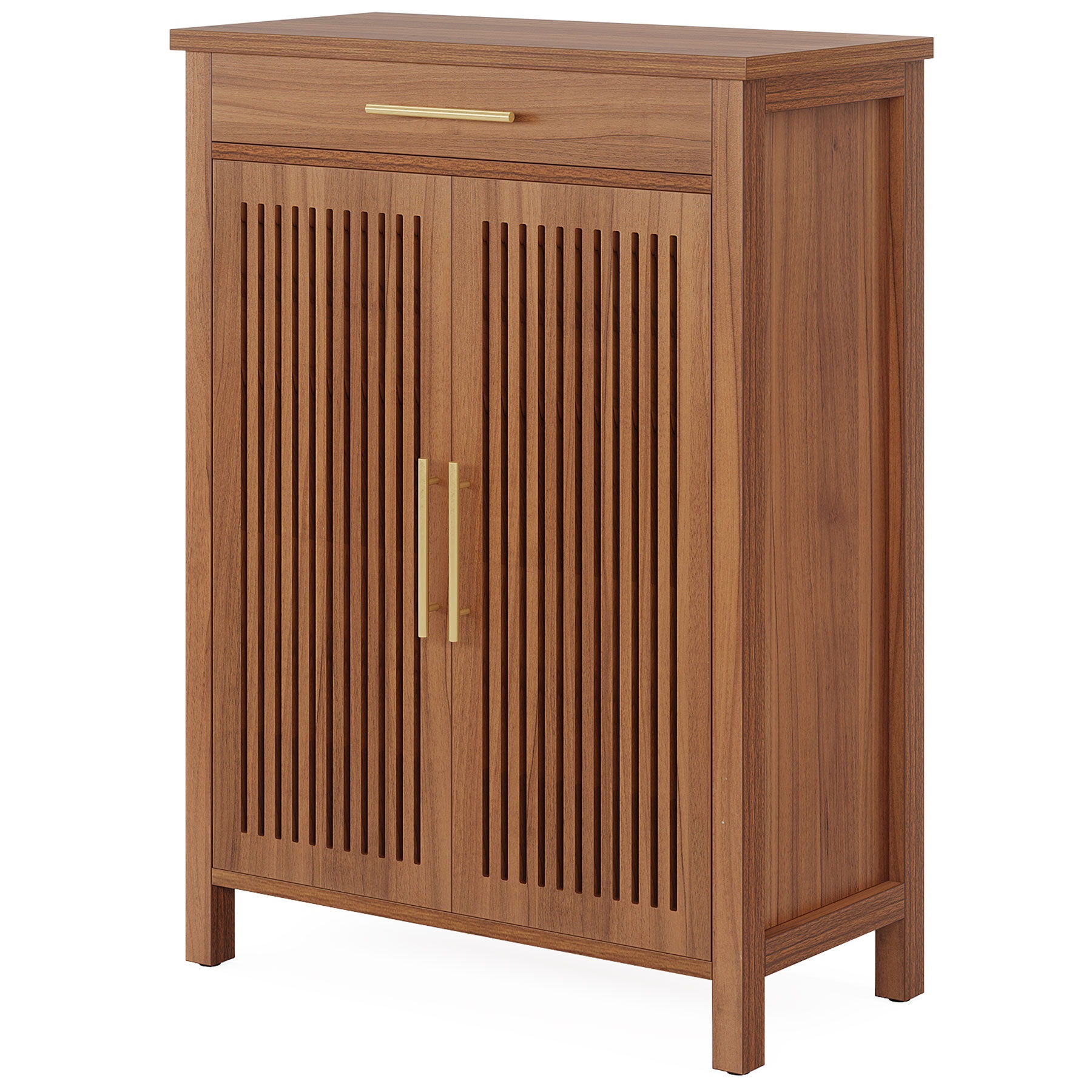 5 Tier Shoe Cabinet With Louvered Doors And Drawer, Freestanding Organizer With Adjustable Shelves For Entryway - Brown