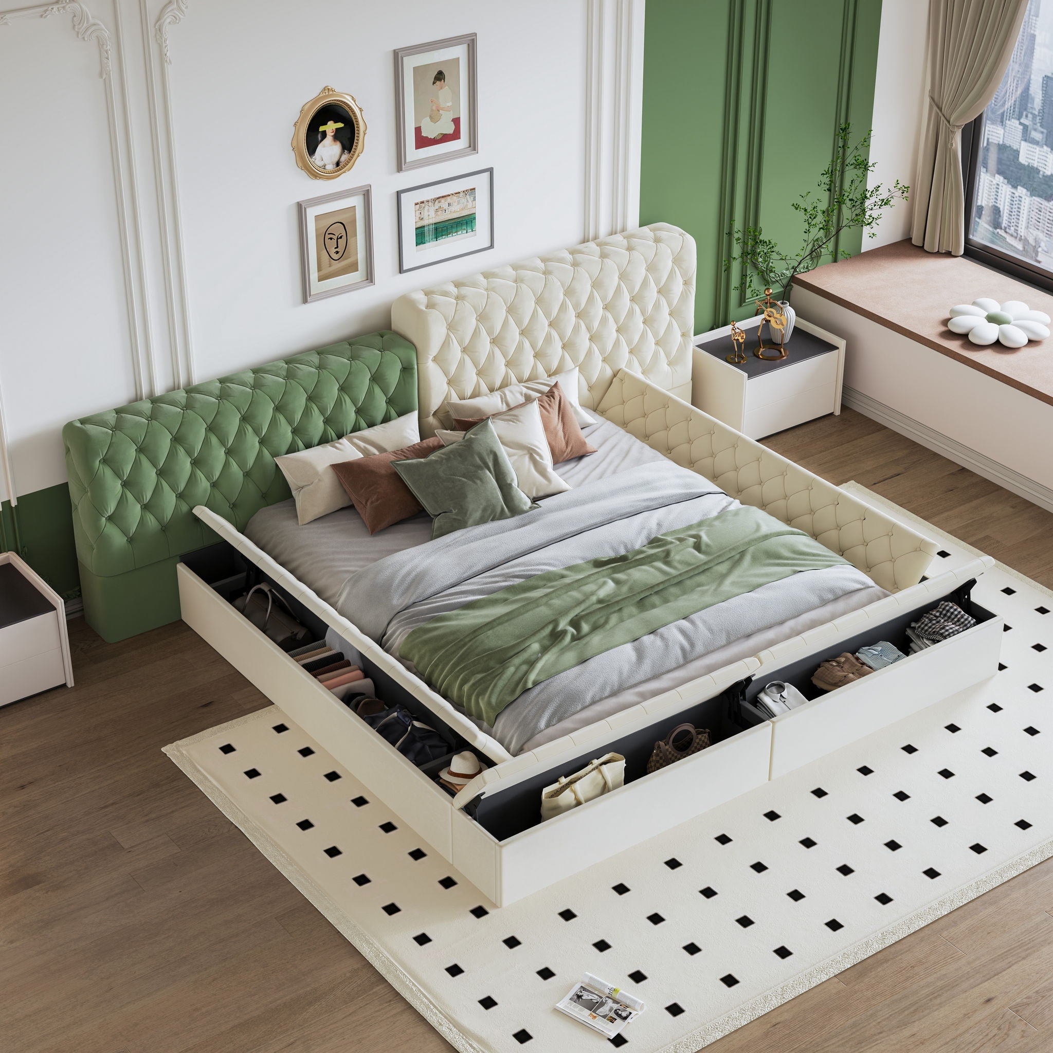 Modern Upholstered Platform Bed With Storage Space, Sturdy And Stable Solid Wood Frame