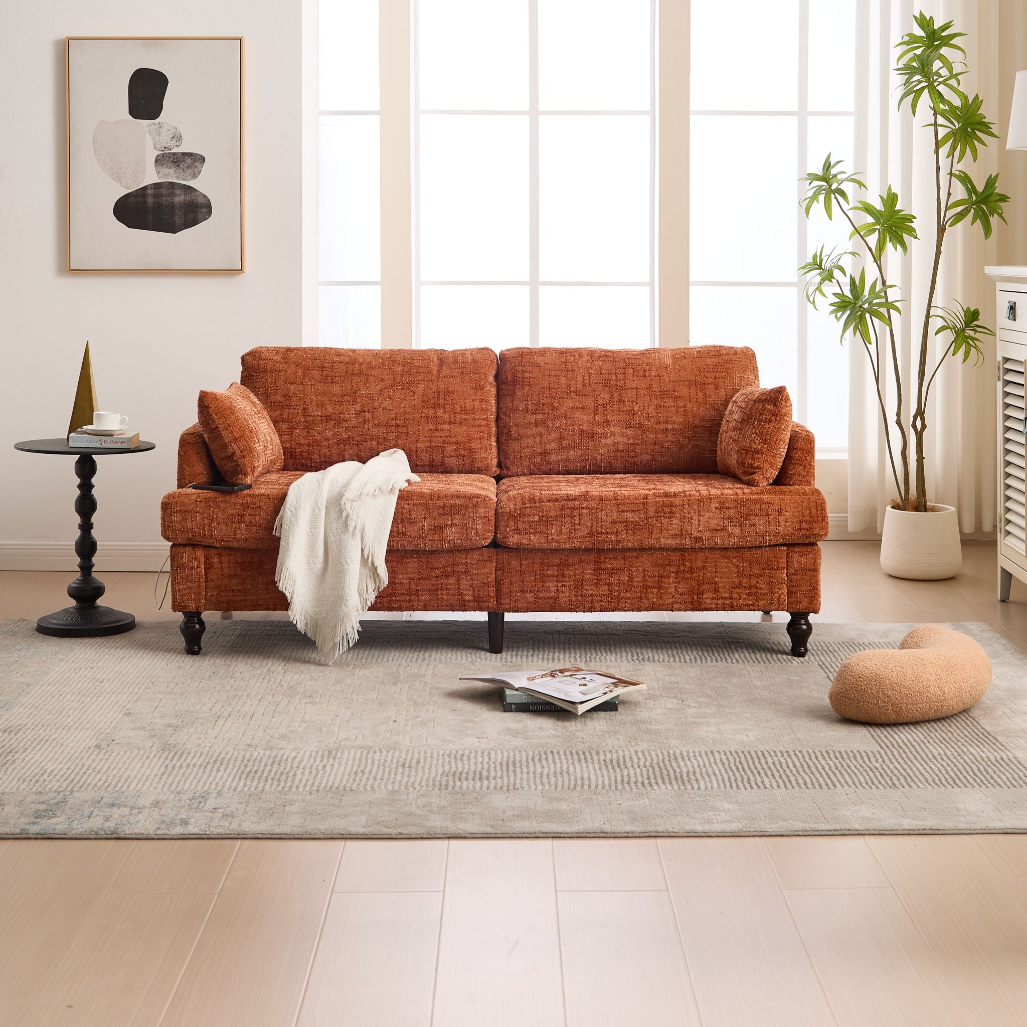 Chenille 2 Seater Sofa With LED Light, USB Charging Port, And Storage Bag