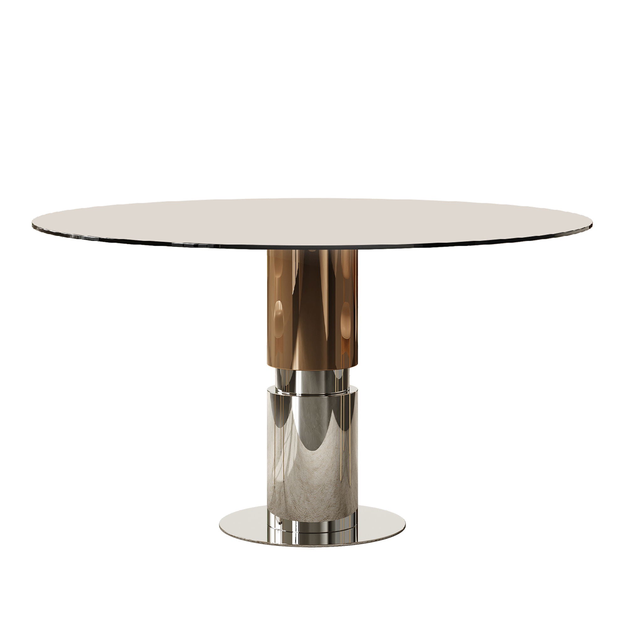 Round Glass Dining Table With Stainless Steel Legs And Chairs
