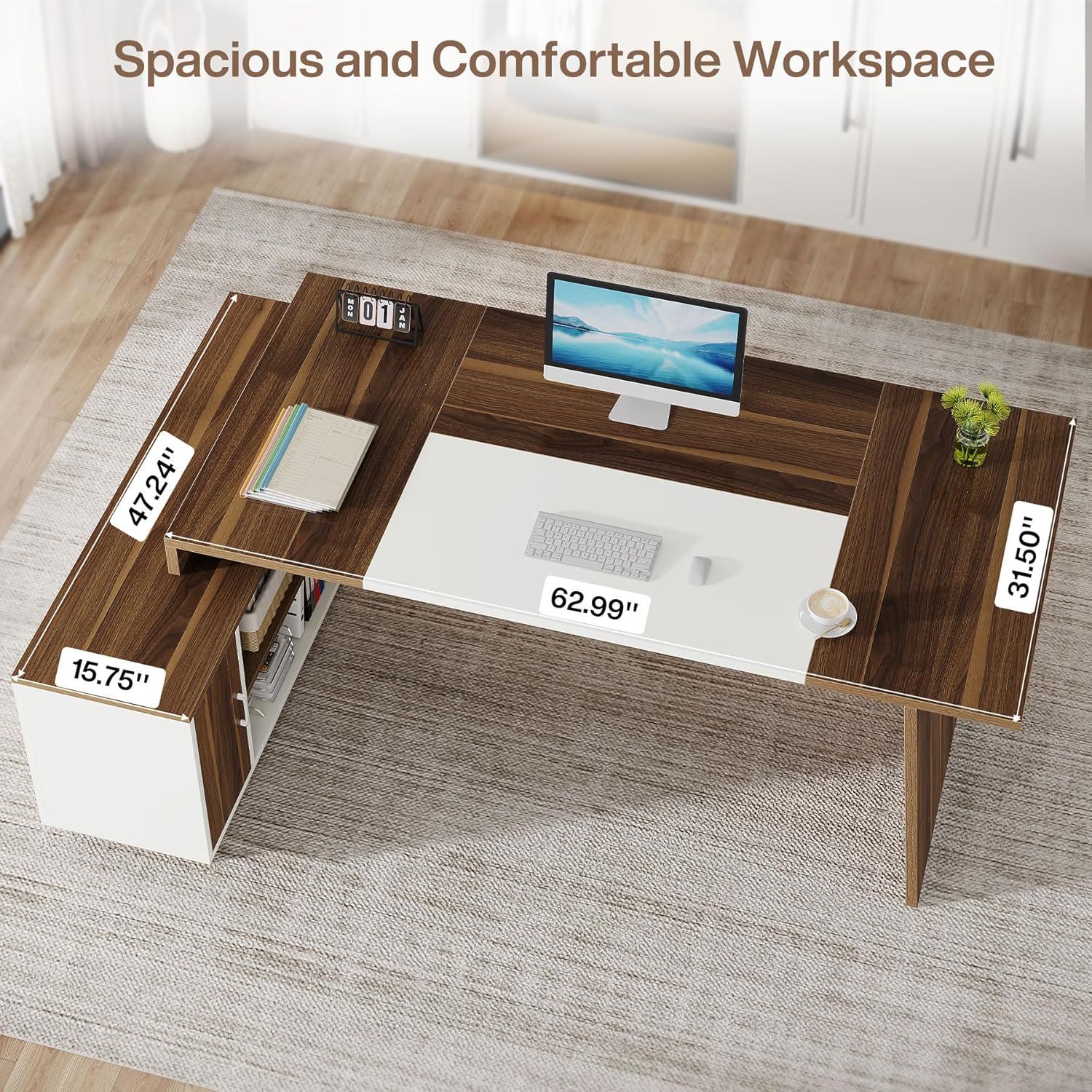 L-Shaped Executive Desk With Storage Cabinet And Shelves For Home Office - White / Walnut