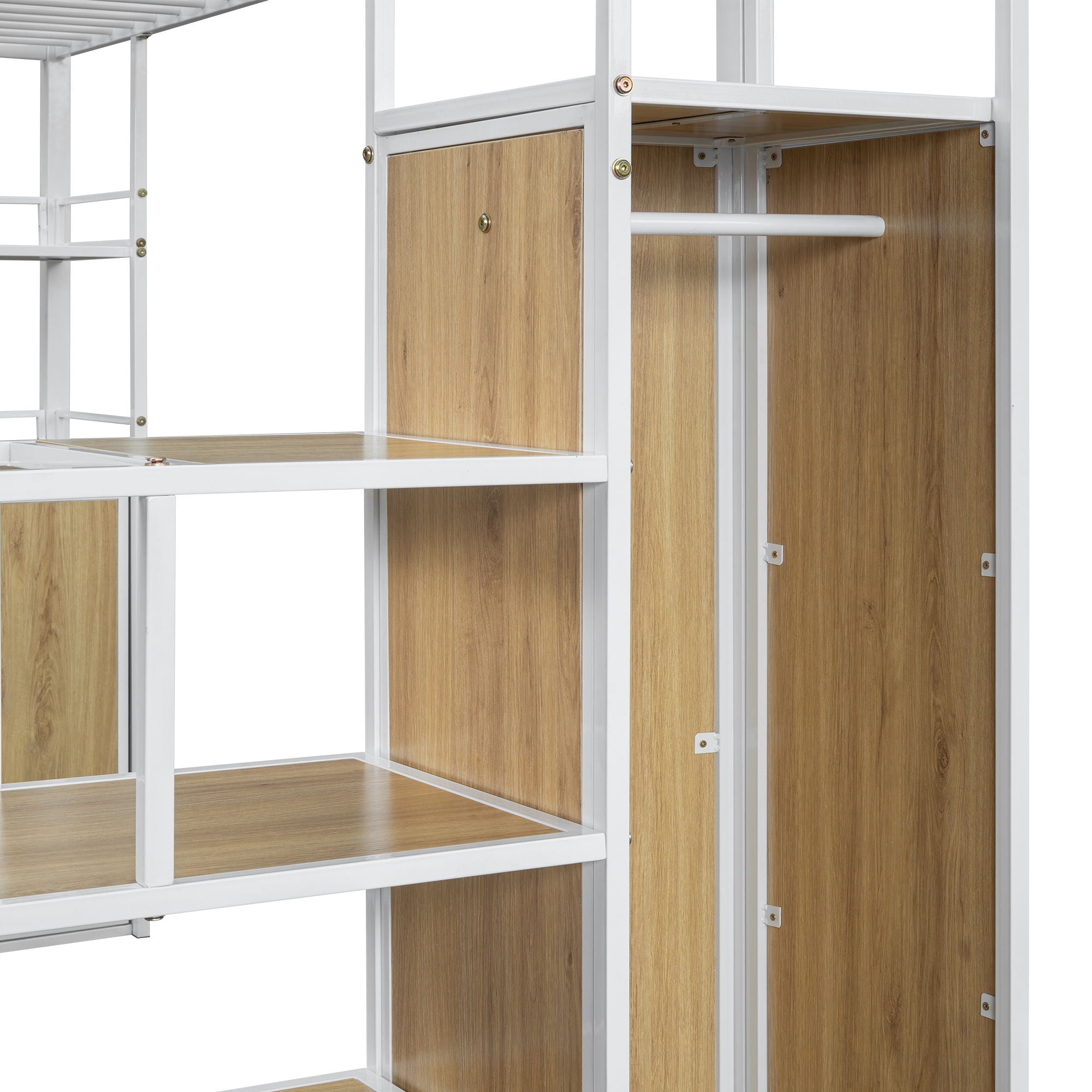 Full Size Loft Bed With Storage Staircase, Wardrobe, Shelves, And Lockers Natural Mdf Details - White / Natural