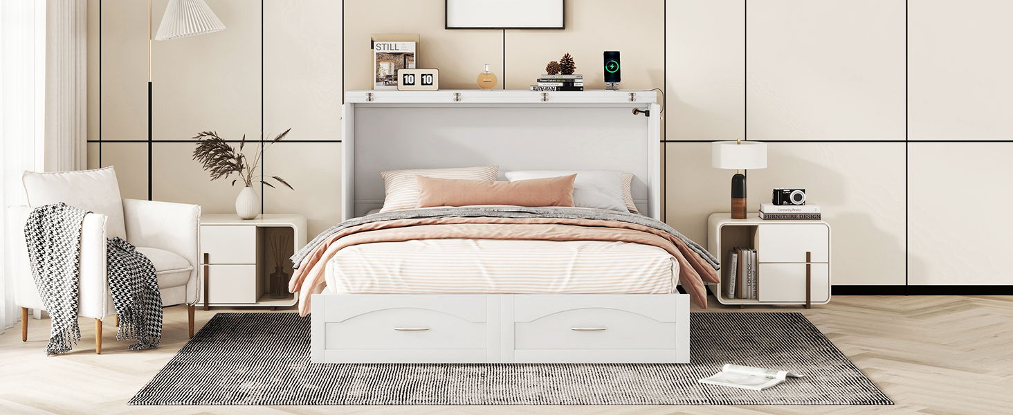 Murphy Bed With Drawer And A Set Of Sockets & USB Ports, Pulley Structure Design