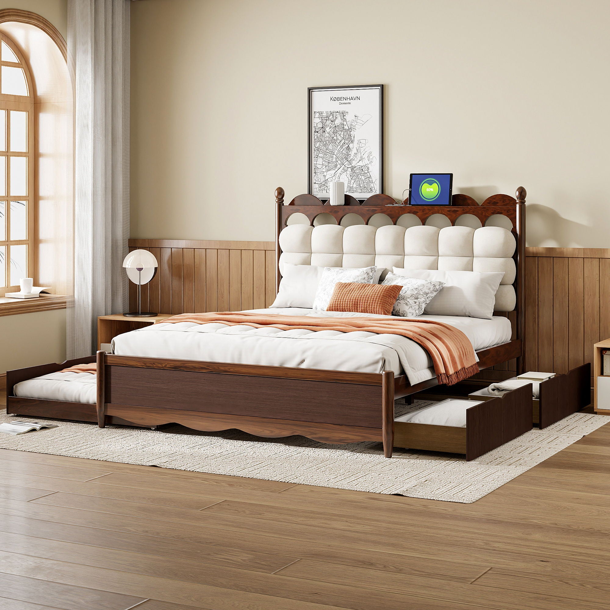 Storage Platform Bed, With 2 Big Drawers, Trundle, One Set Of Sockets & USB Ports