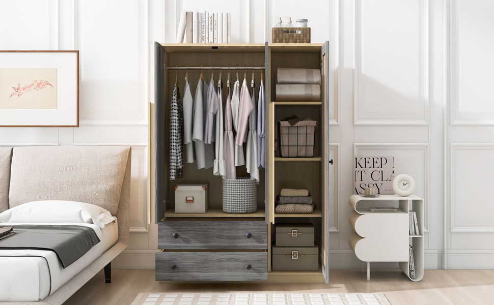 3 Doors Rattan Wardrobe Storage For Bedroom, With 2 Drawers