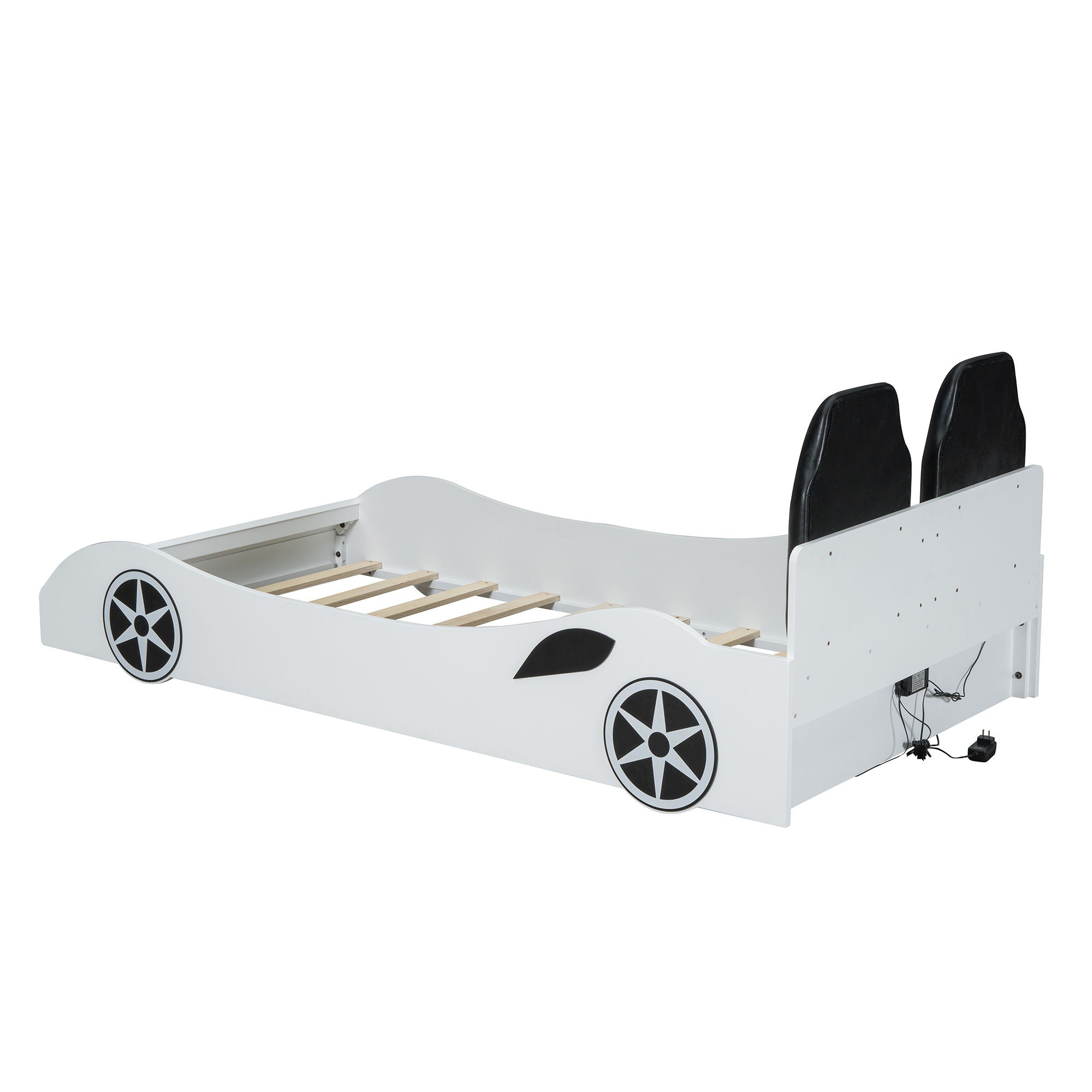 Race Car Shaped Platform Bed With LED And Upholstered Backrest In