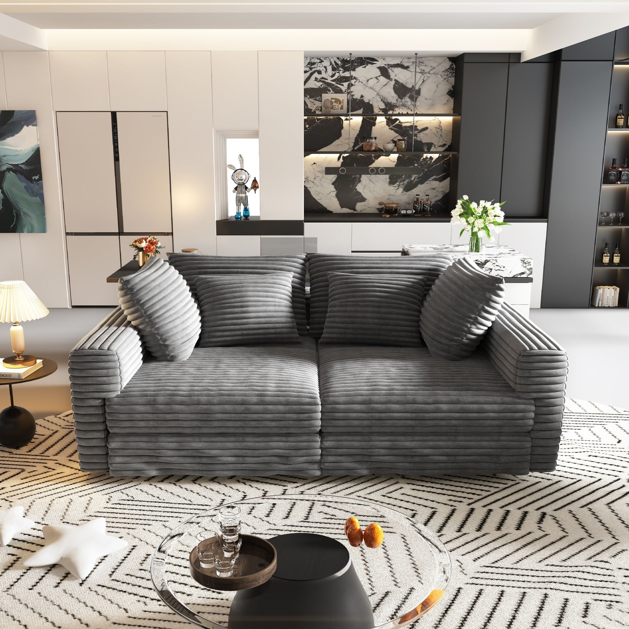 Plush Corduroy 4 Seat Sofa With Soft Pillows And Movable Ottoman