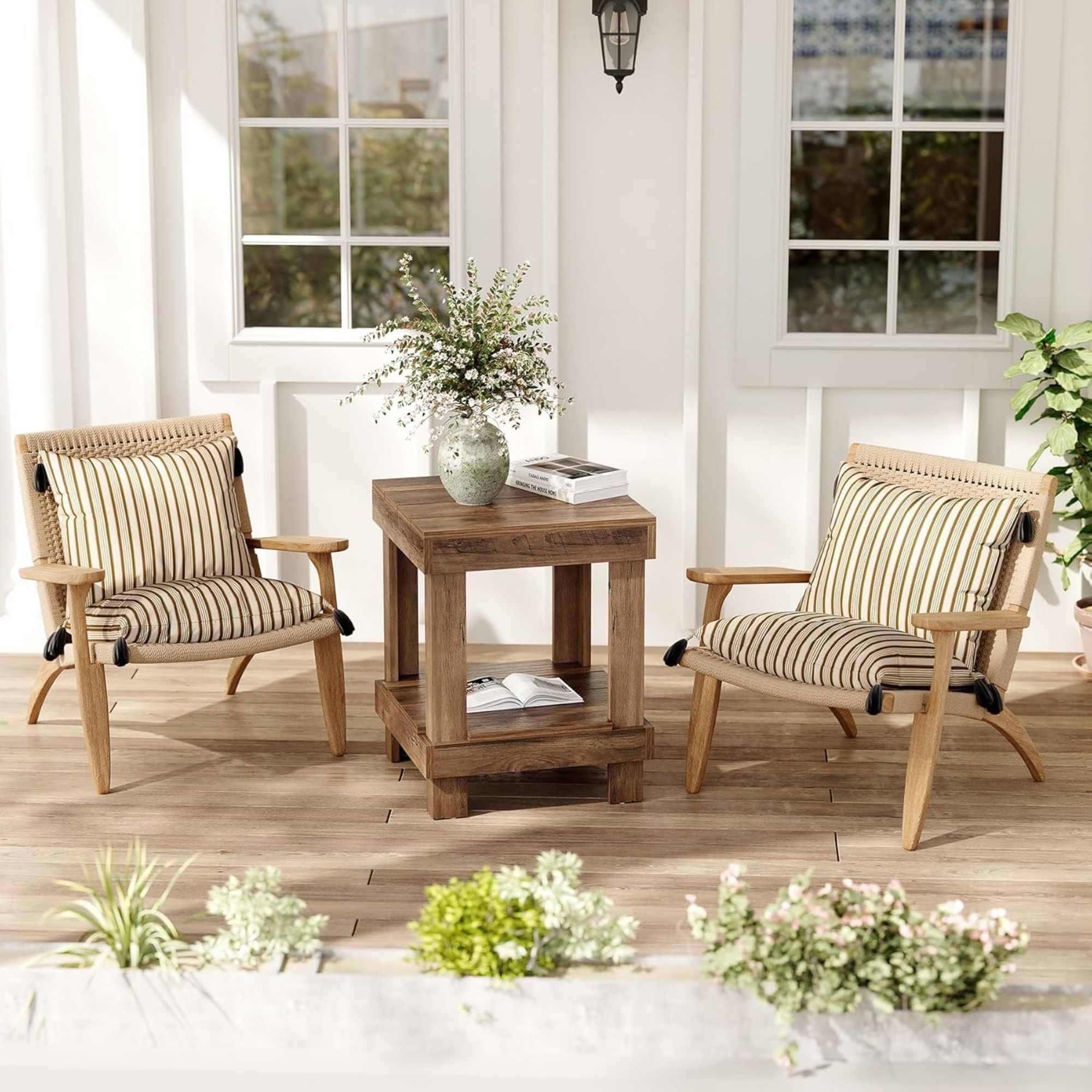 2 Tier End Table With Open Shelves, Compact Square Side Table For Living Room - Natural Wood