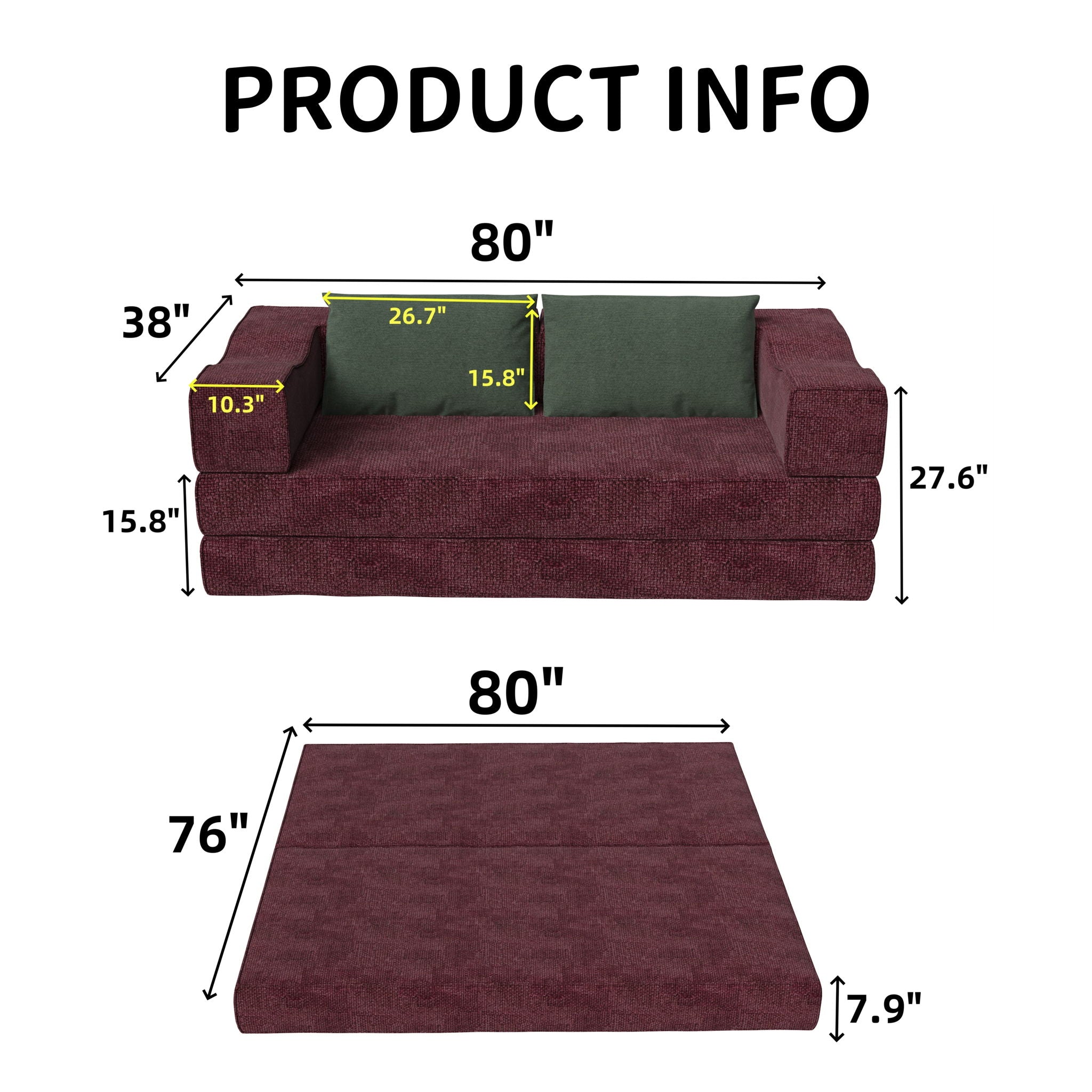 Convertible Couch Bed With 2 Pillows, 3 Seat Folding Floor Couch & King Size Bed Mattress, Diy Combination - Burgundy
