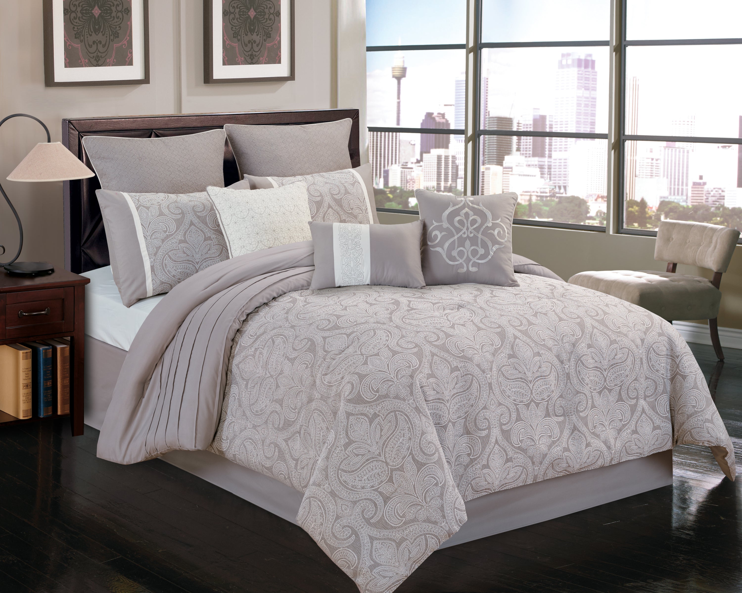 Winthrop Grey Damask Jacquard 9 Pc Comforter Set
